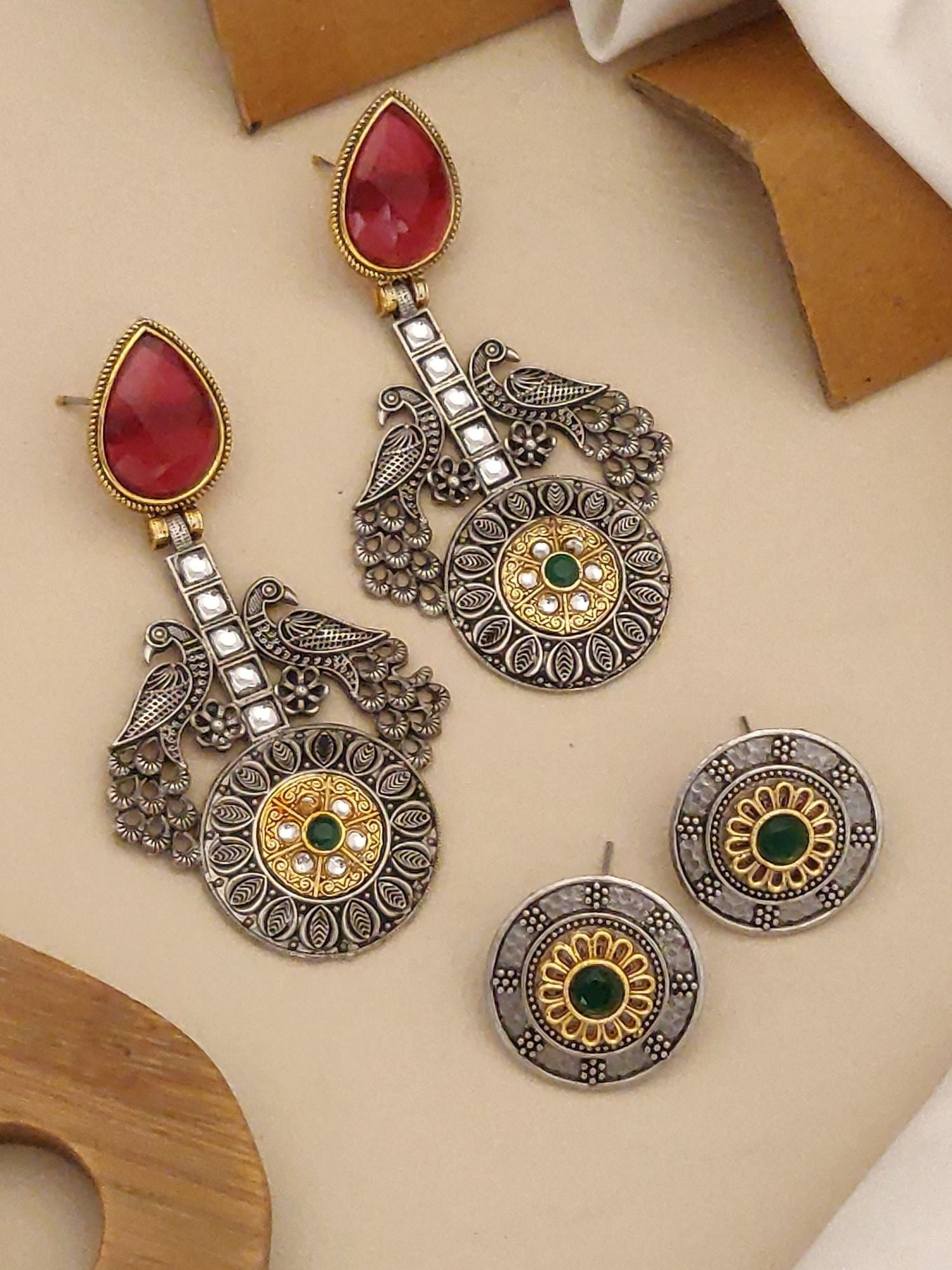 Set of 2 German Silver Earrings Combo featuring ornate designs and colorful accents