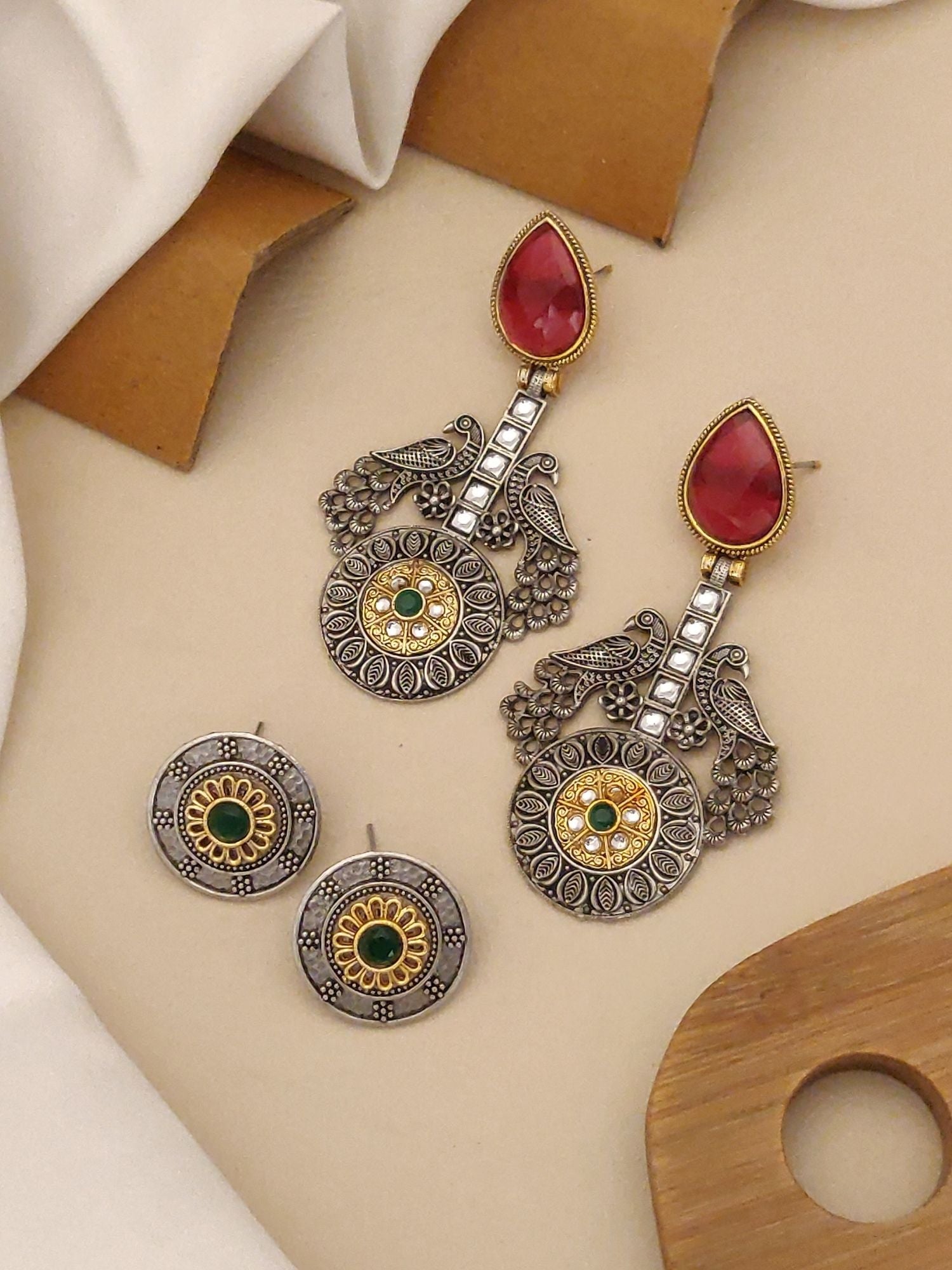 Set of 2 German Silver Earrings Combo featuring colorful stone embellishments and intricate designs