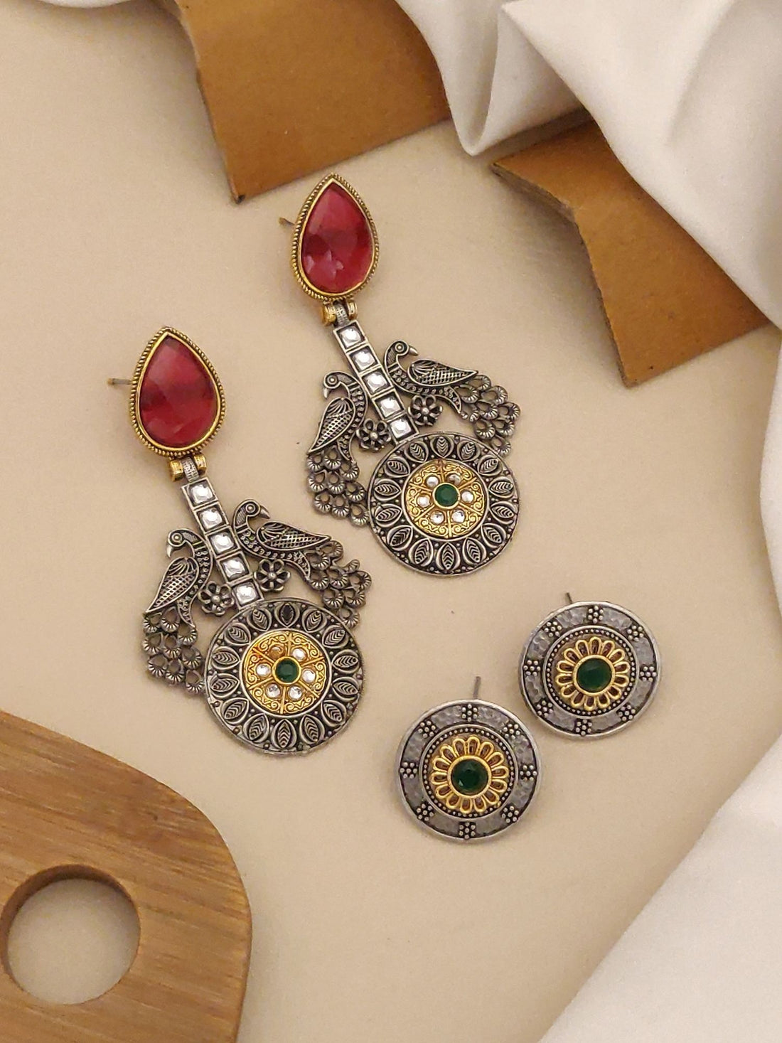 Beautiful Set Of 2 German Silver Earrings Combo with intricate designs and vibrant colors