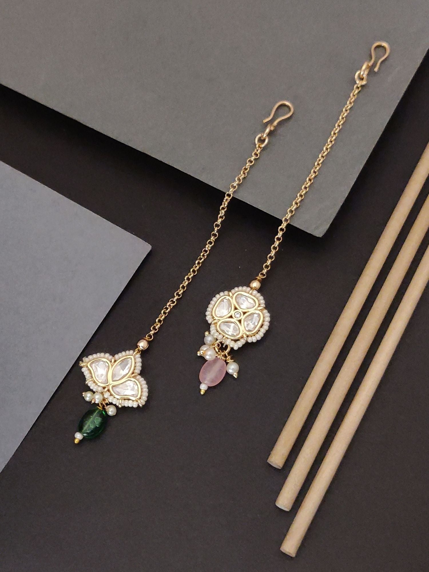 Set Of 2 Gold Plated Kundan Maangtikka with Intricate Design and Colorful Stones