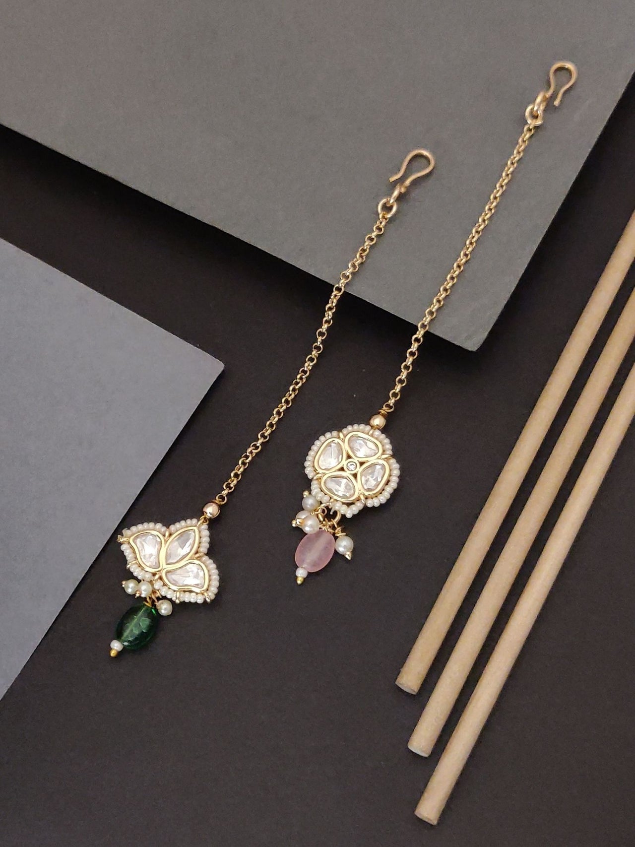 Set Of 2 Gold Plated Kundan Maangtikka with Intricate Design and Colorful Stones