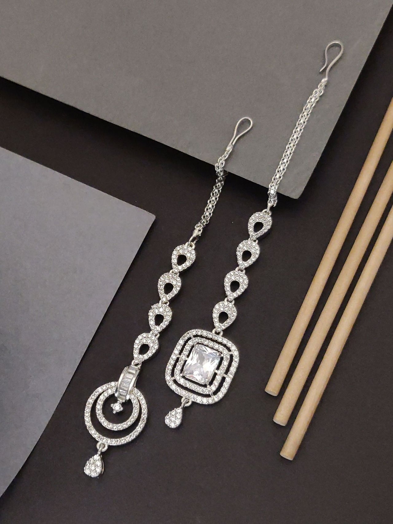 Set Of 2 Silver Plated American Diamond Maangtikka with Intricate Design and Sparkling Details