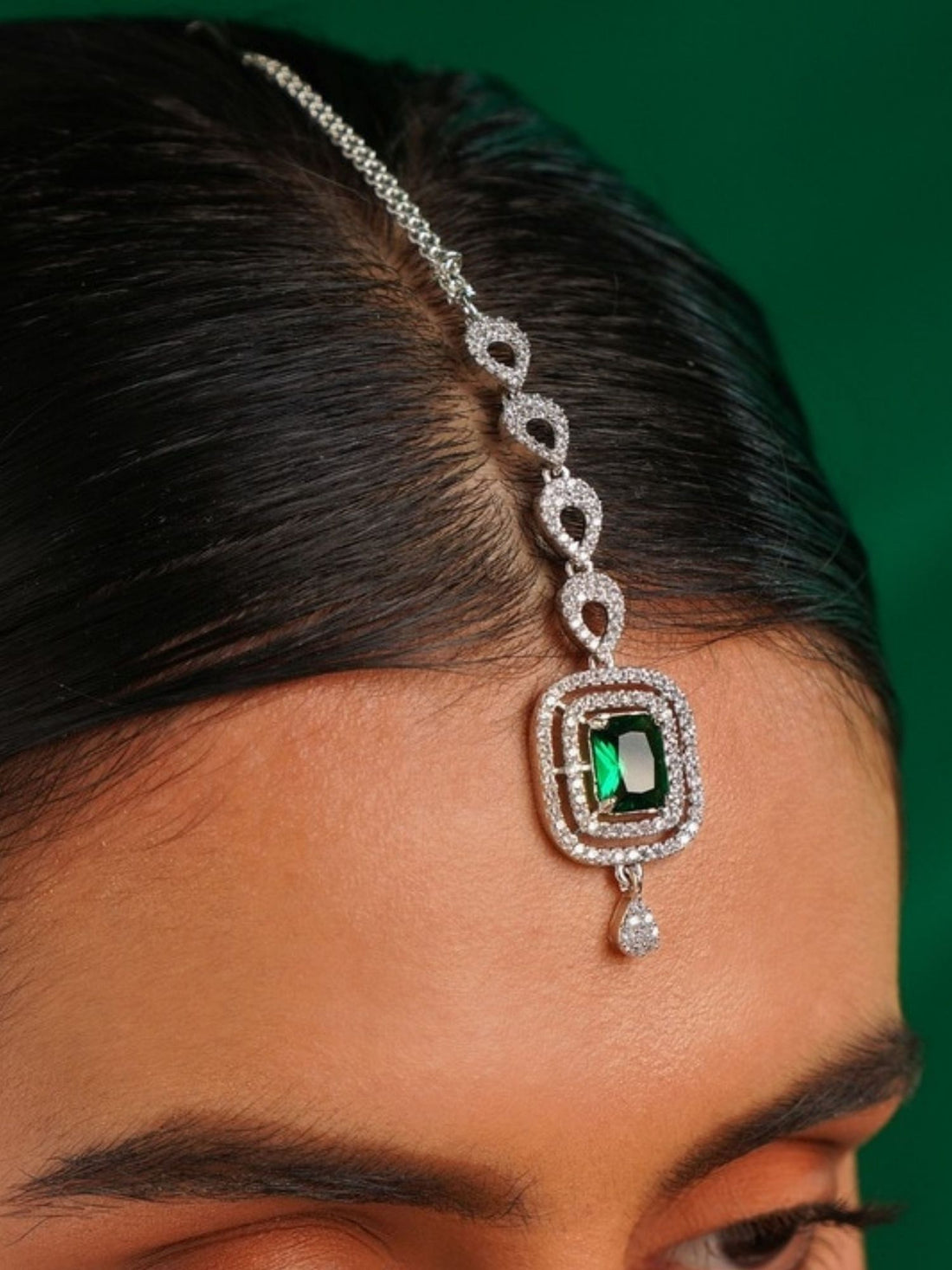 Set Of 2 Silver Plated American Diamond Maangtikka with Green Gemstone and Elegant Design