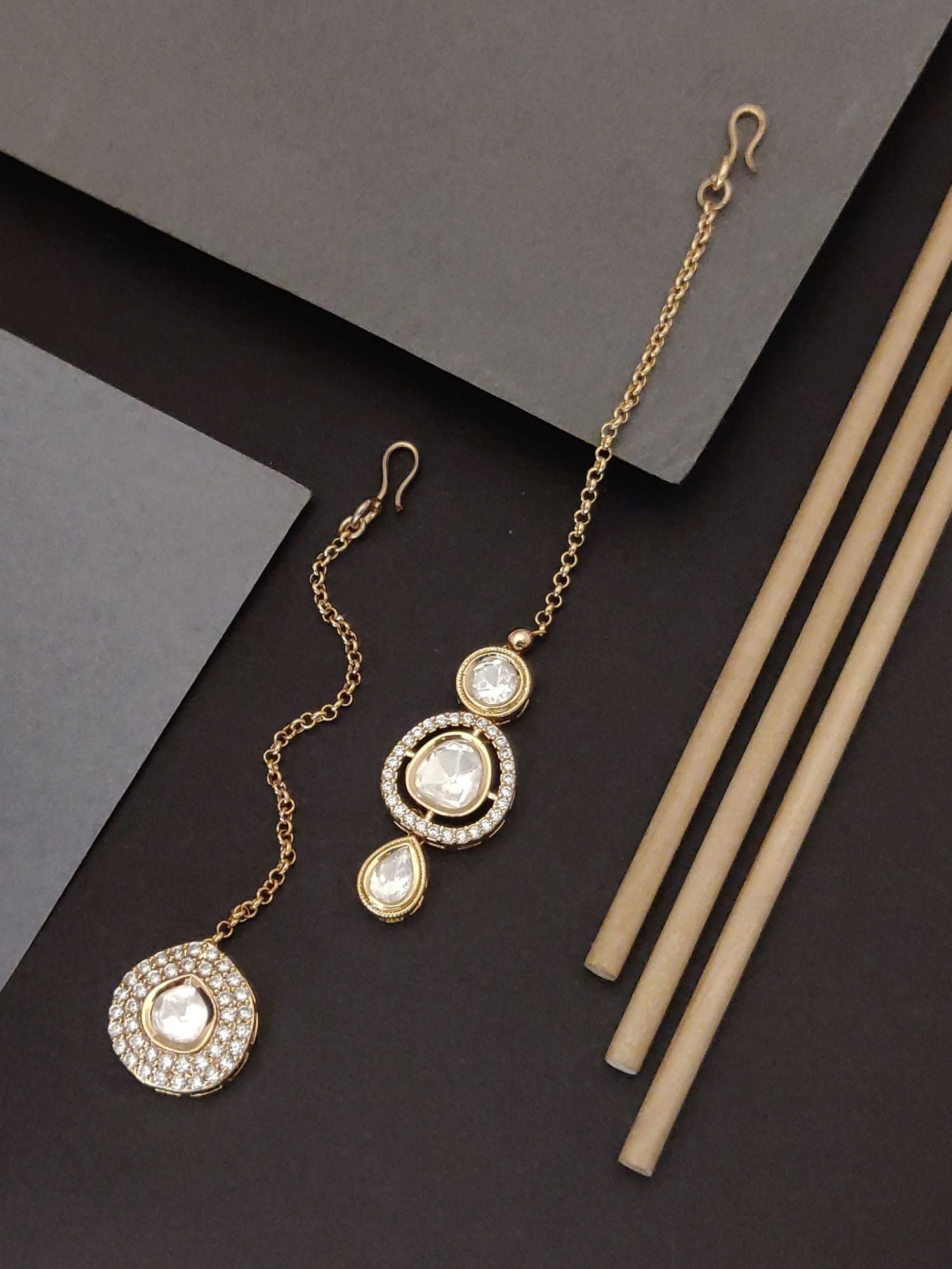 Set Of 2 Silver Plated American Diamond Maangtikka with intricate designs for elegant traditional wear