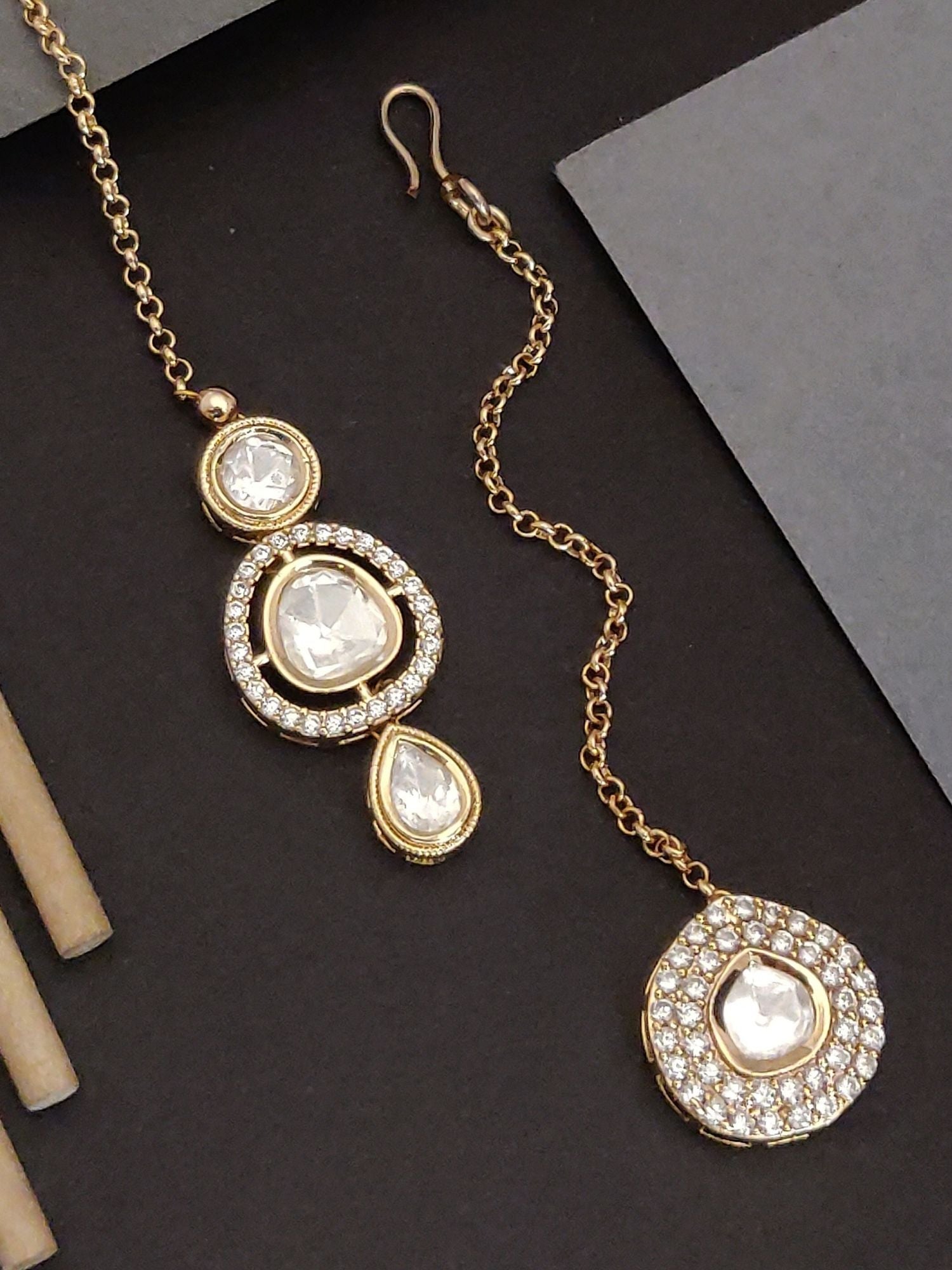 Set Of 2 Silver Plated American Diamond Maangtikka with elegant design and sparkling stones