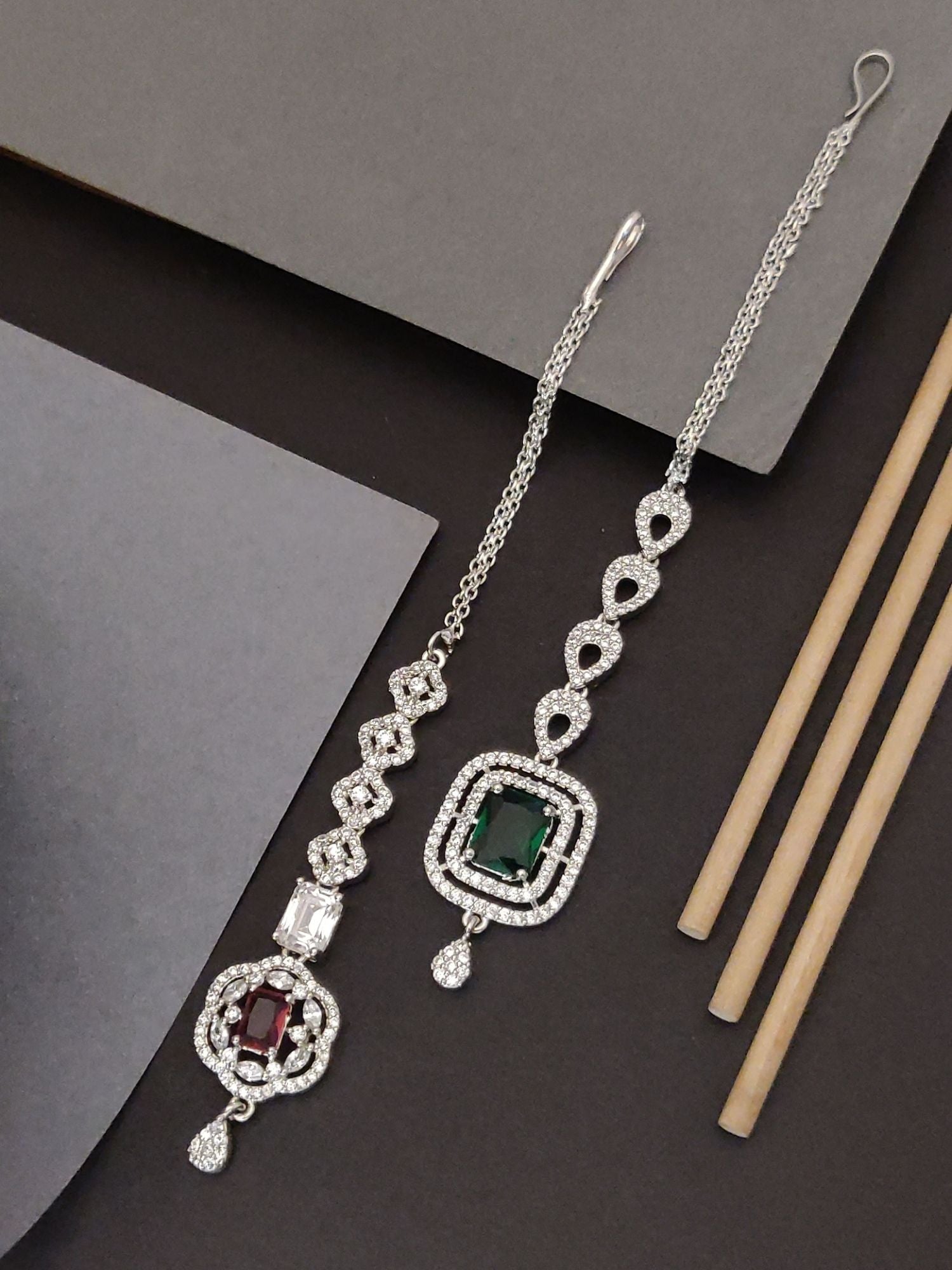 Set of 2 Silver Plated American Diamond Maangtikka with Elegant Gemstone Accents