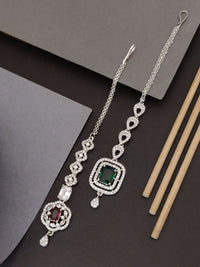 Thumbnail for Set of 2 Silver Plated American Diamond Maangtikka with Elegant Gemstone Accents
