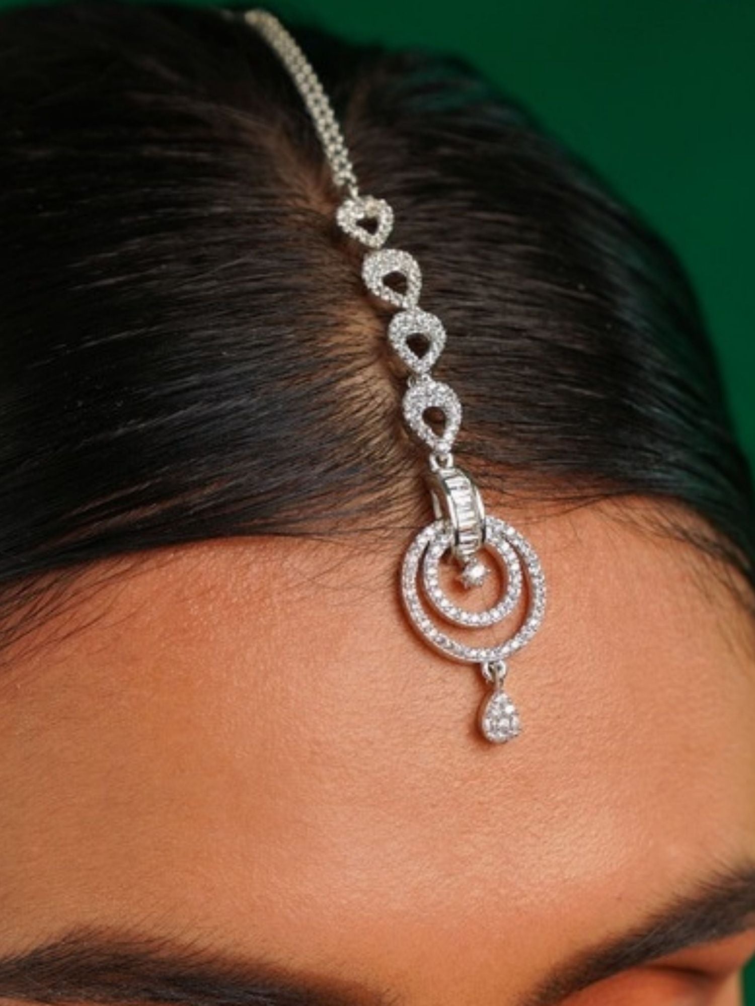 Silver Plated American Diamond Maangtikka featuring intricate designs and sparkling stones