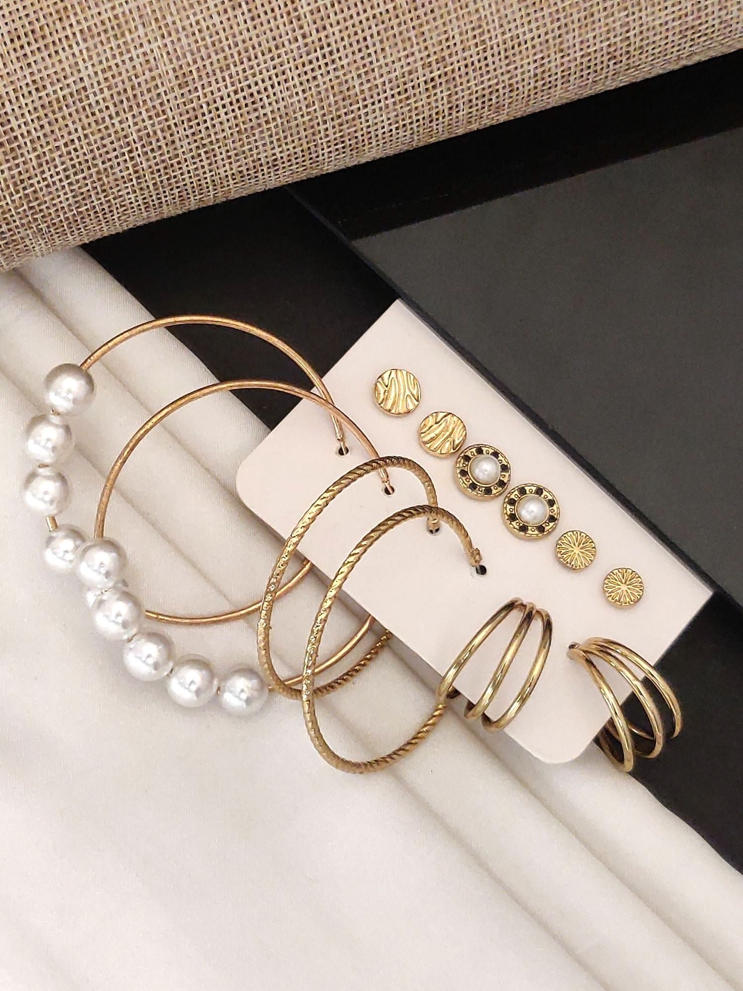 Set of 6 Gold Plated Hoops Earring featuring various designs including pearls and textured styles
