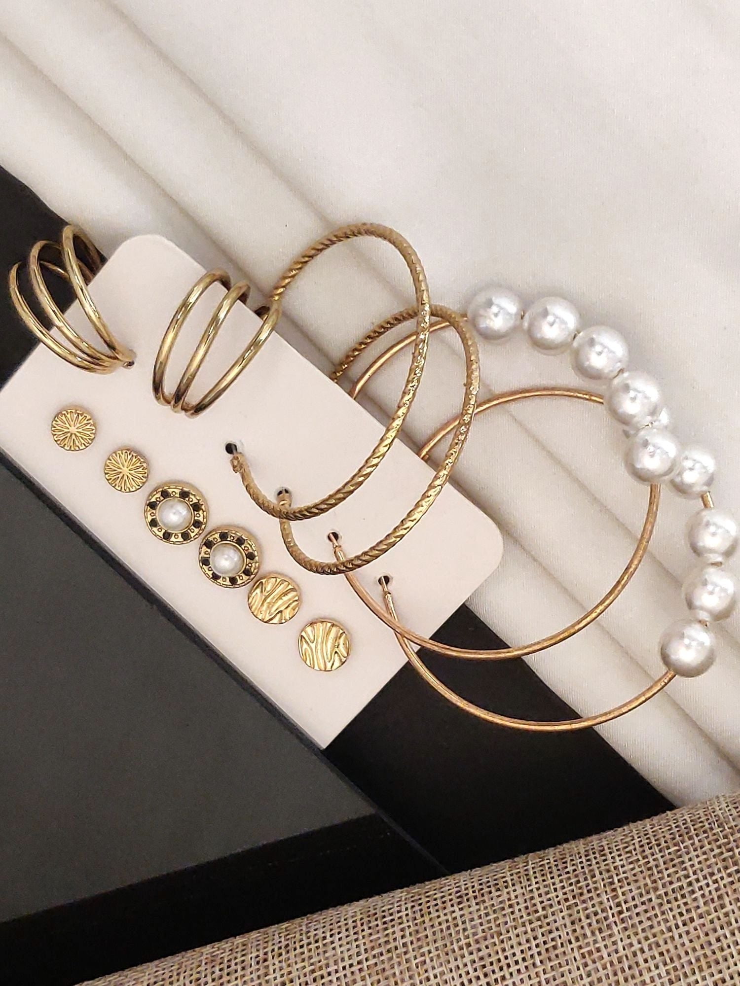 Set of 6 Gold Plated Hoops Earring with various styles including pearl and textured designs