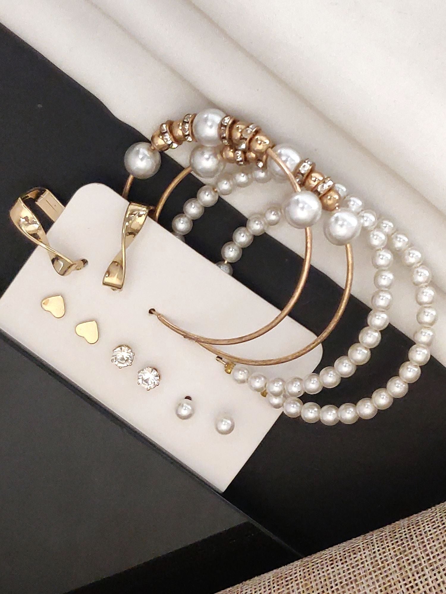 Set of 6 Gold Plated Hoops Earring Combo with Elegant Pearl and Rhinestone Designs