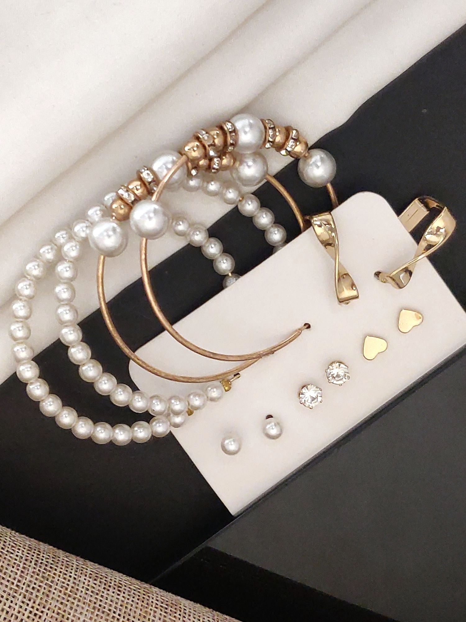 Set of 6 Gold Plated Hoops Earring Combo featuring pearl and gemstone accents on a display card