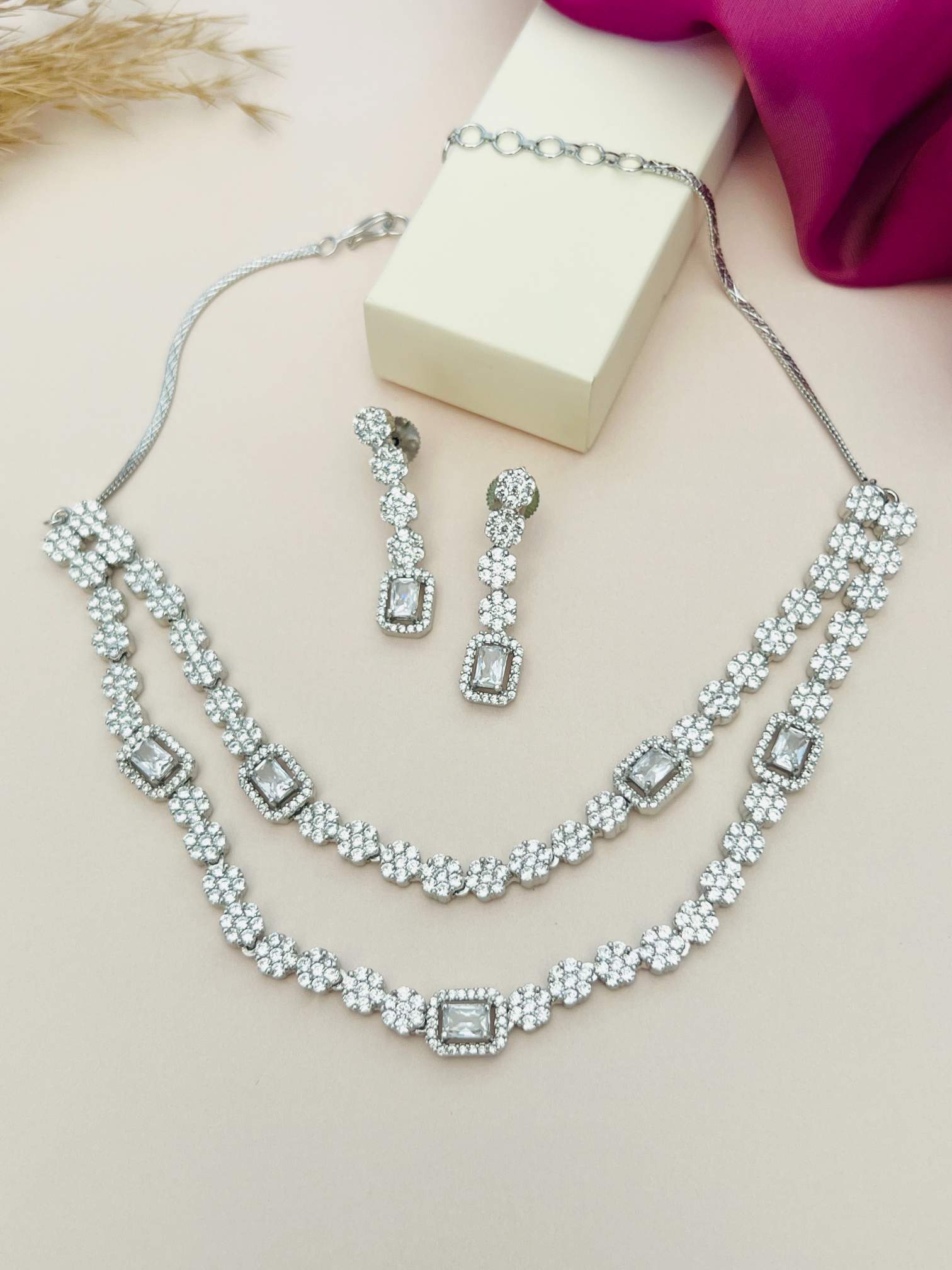 Silver Plated American Diamond Double Layer Necklace with matching earrings from Abdesigns