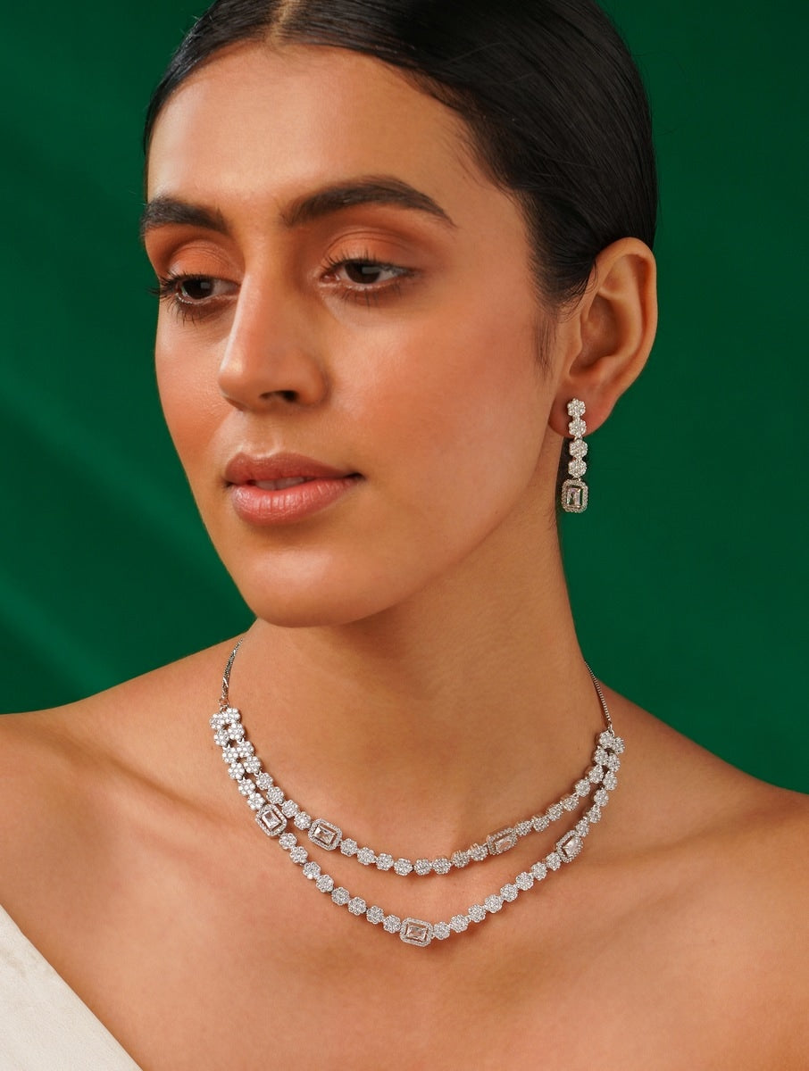 Silver Plated American Diamond Double Layer Necklace worn by woman with matching earrings