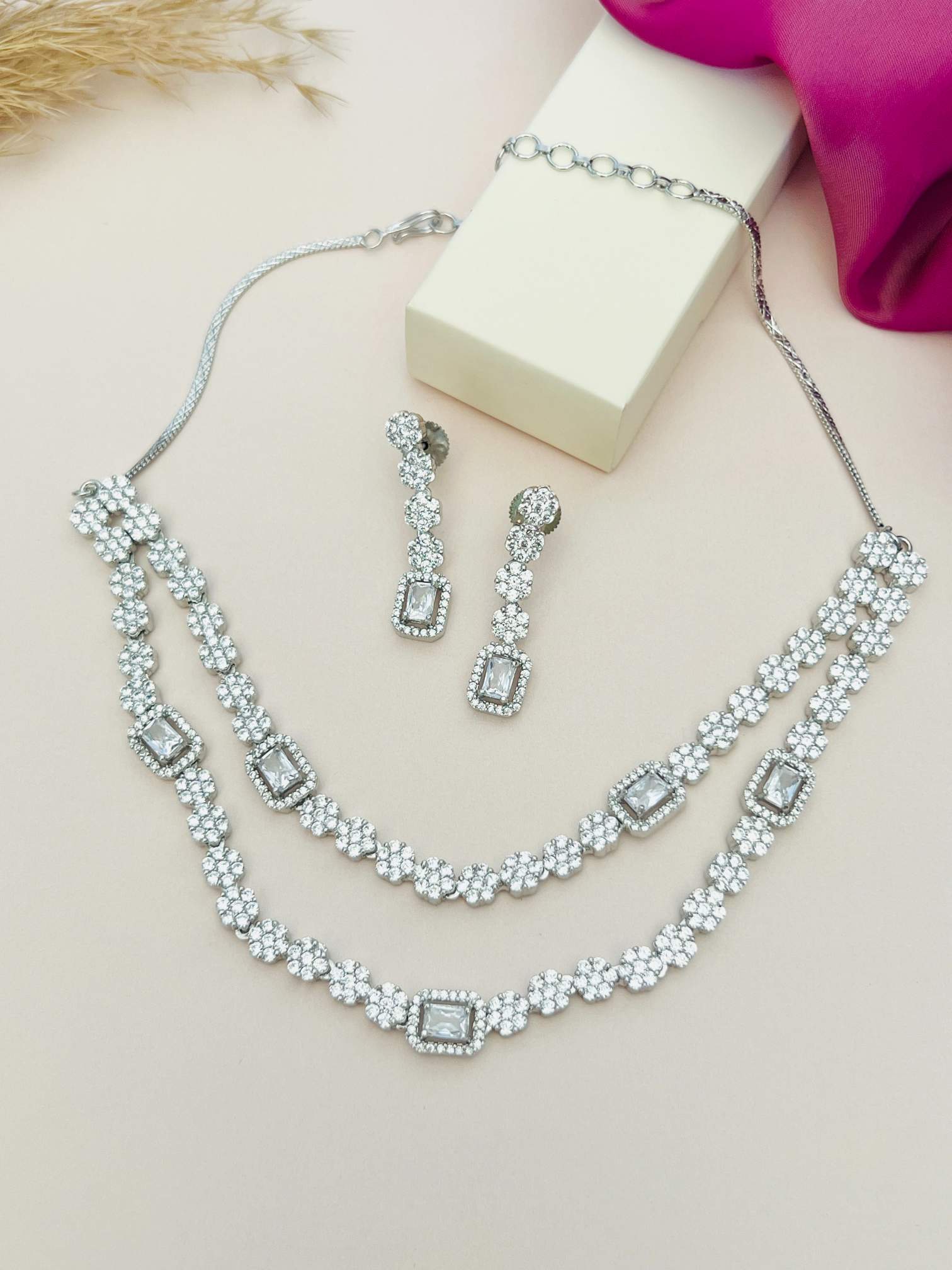 Silver Plated American Diamond Double Layer Necklace with matching earrings by Abdesignsjewellery