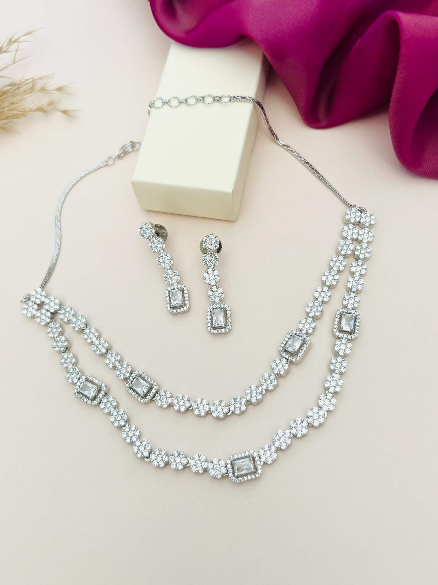 Silver Plated American Diamond Double Layer Necklace with matching earrings from Abdesignsjewellery
