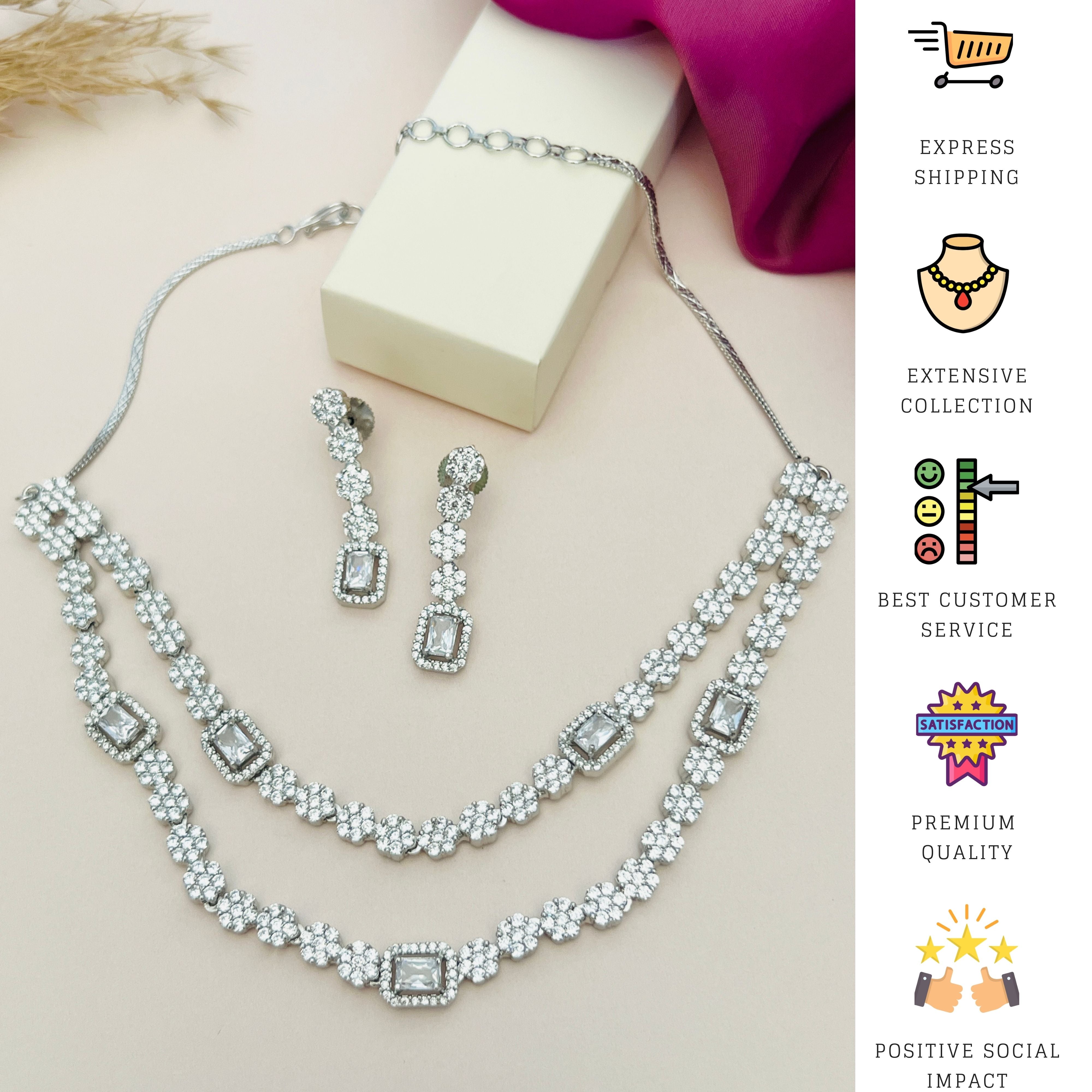 Silver Plated American Diamond Double Layer Necklace with matching earrings by Abdesigns