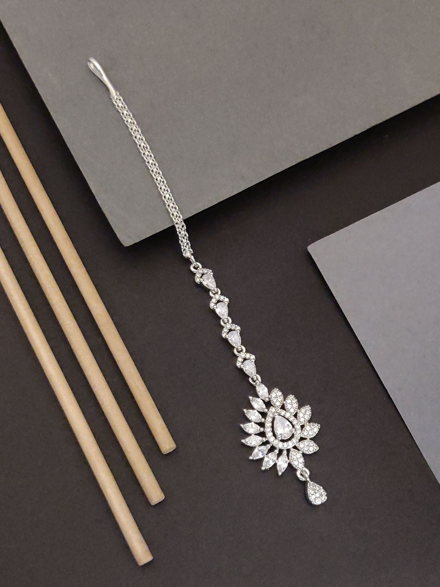 Elegant Silver Plated American Diamond Drop MaangTikka with Intricate Design and Shine