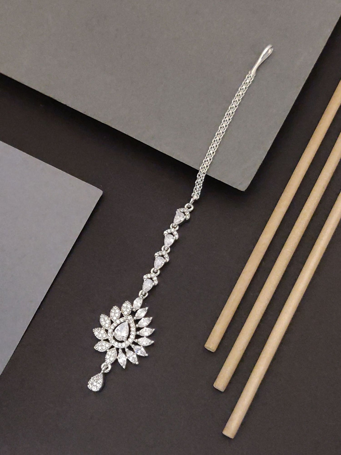 Elegant Silver Plated American Diamond Drop MaangTikka with Intricate Design and Shine