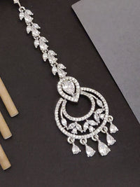 Thumbnail for Elegant Silver Plated American Diamond MaangTikka with intricate design and sparkling gemstones