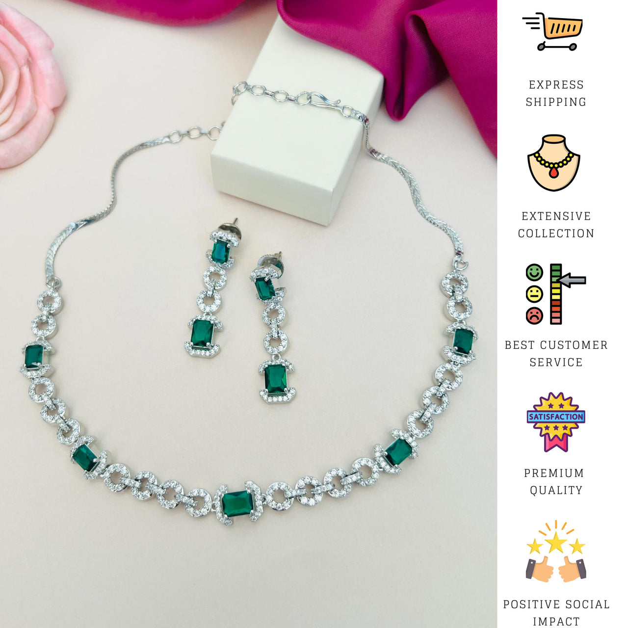 Silver Plated American Diamond Necklace with matching green stone earrings 