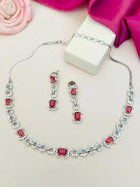 Thumbnail for Silver Plated American Diamond Necklace with matching red stone earrings by Abdesignsjewellery