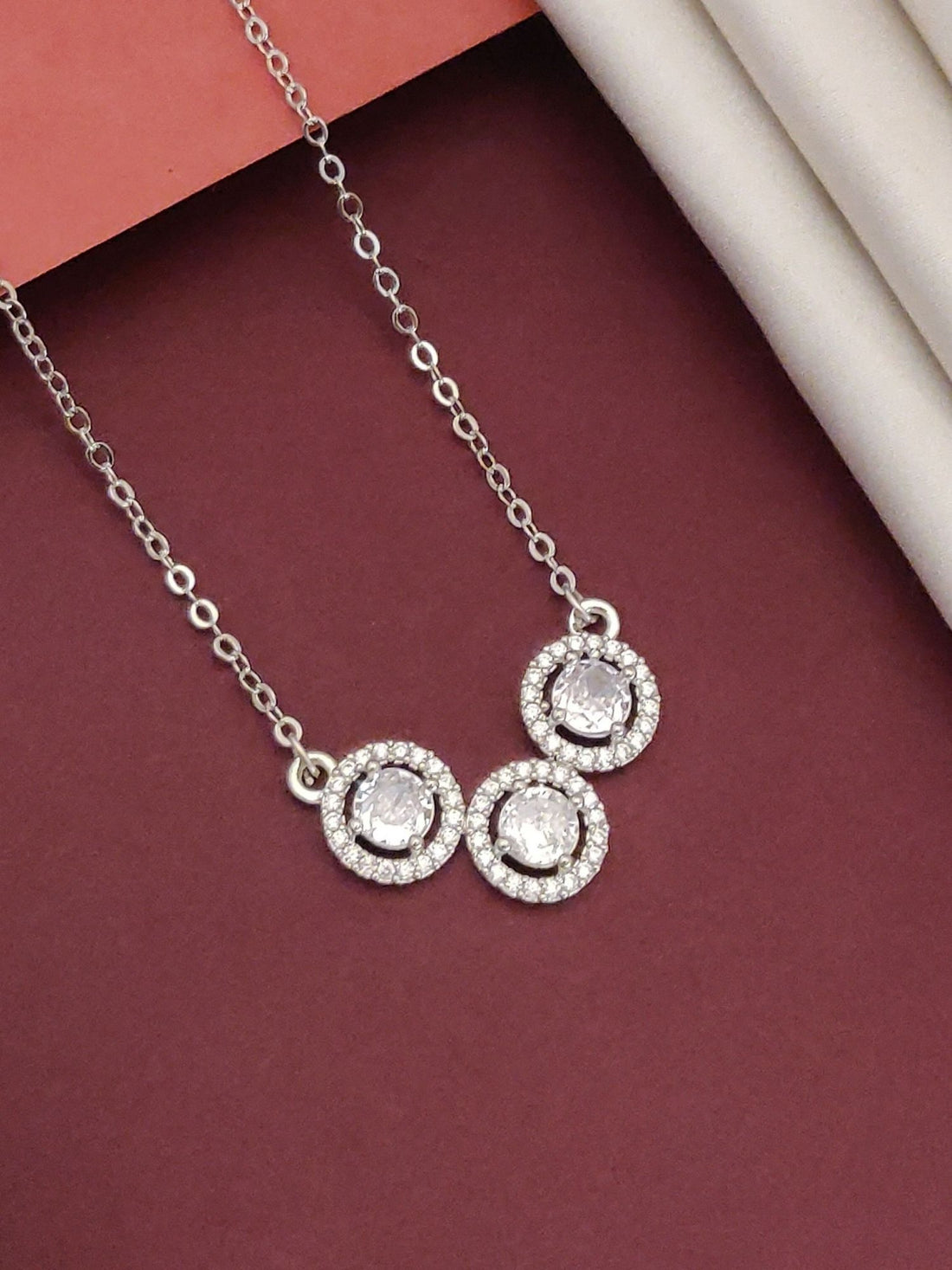 Abdesignsjewellery silver plated cz diamond pendant chain with three sparkling circular pendants