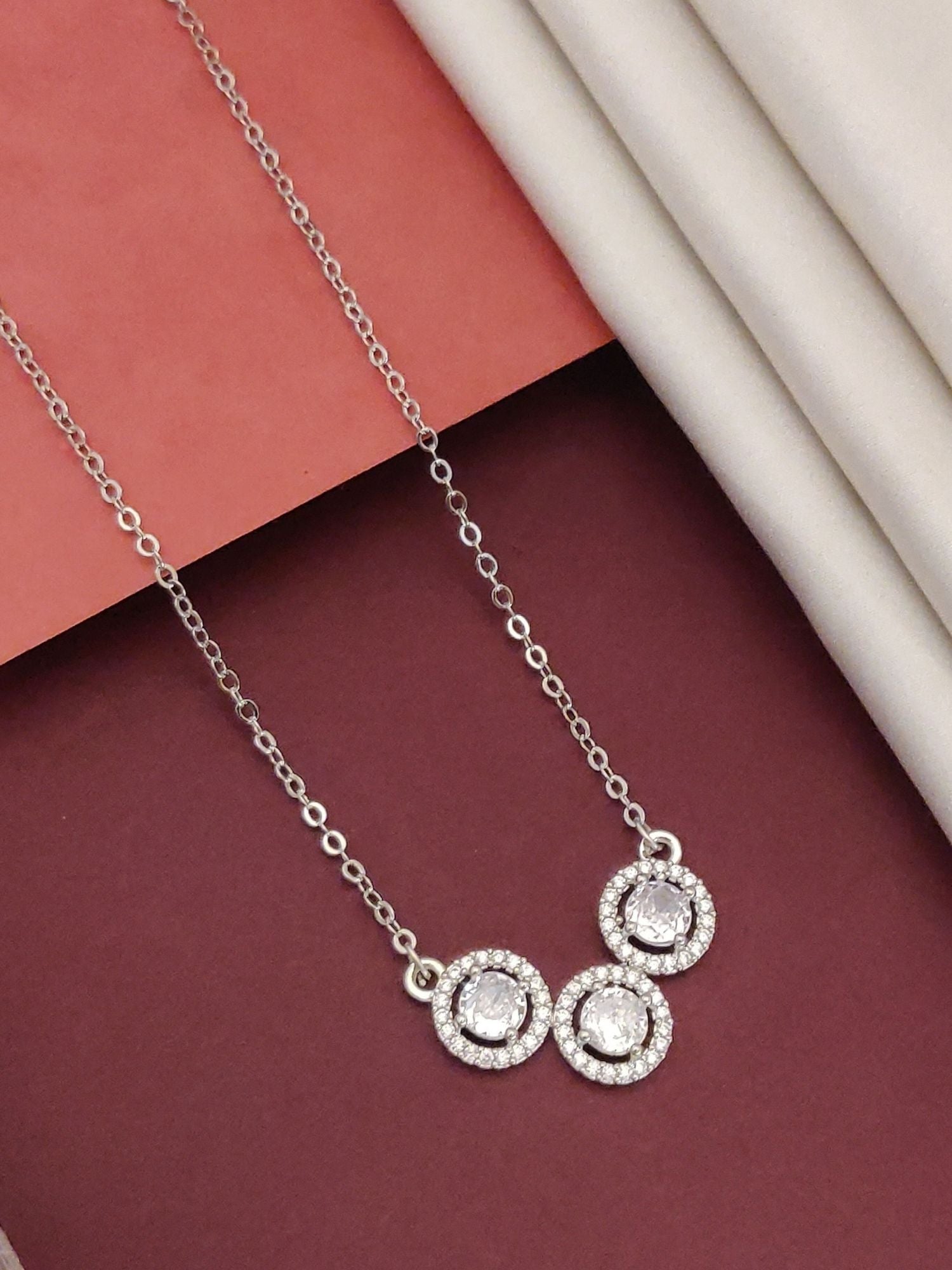Abdesignsjewellery silver plated cz diamond pendant chain with three sparkling circular pendants