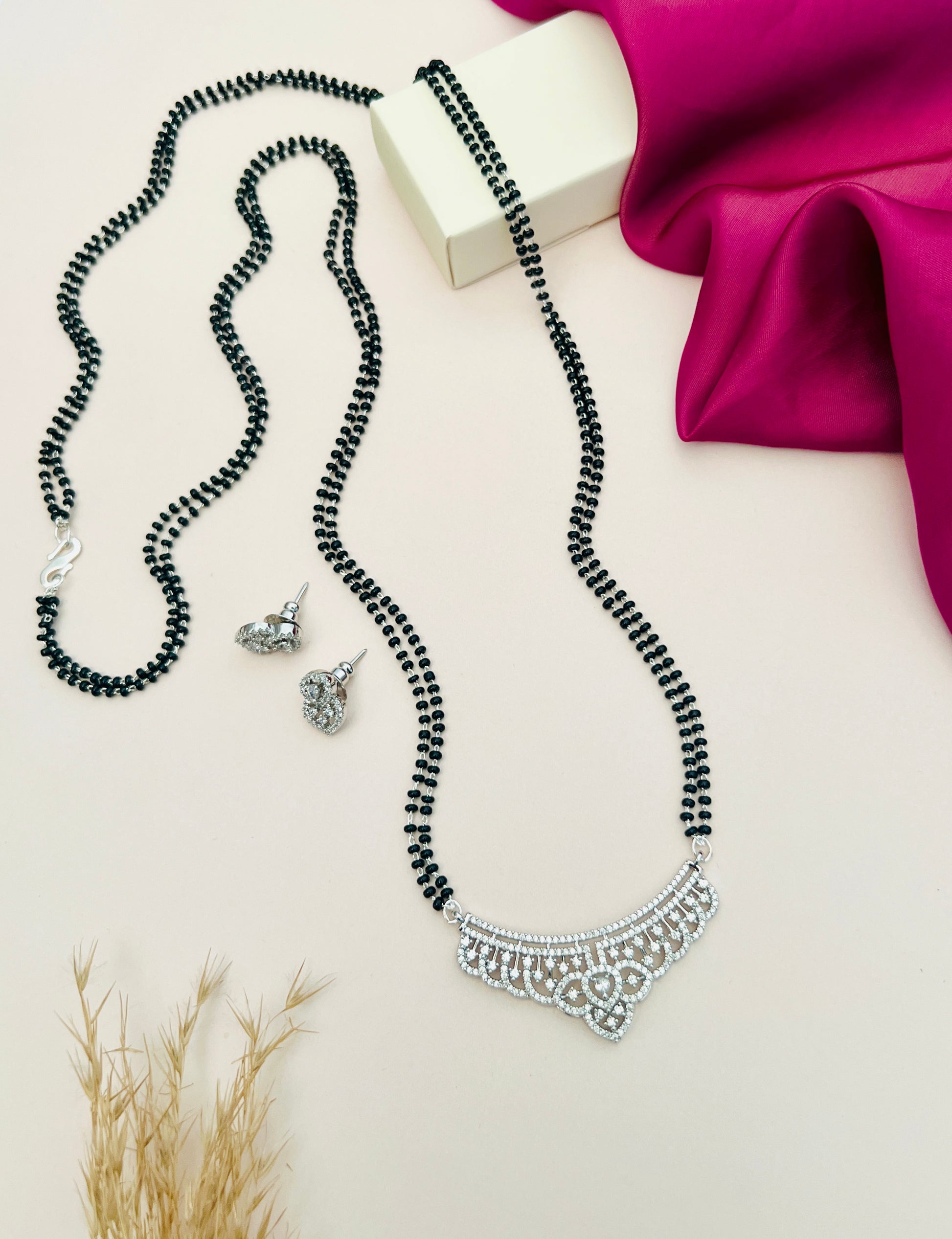 Silver Plated Mangalsutra Set with black beads and intricate silver pendant from Abdesignsjewellery