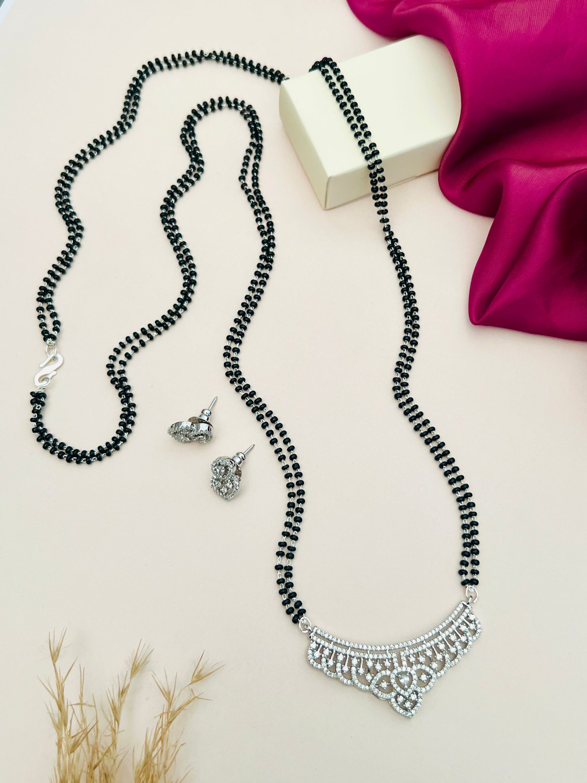 Silver Plated Mangalsutra Set with black beads and intricate pendant from Abdesignsjewellery