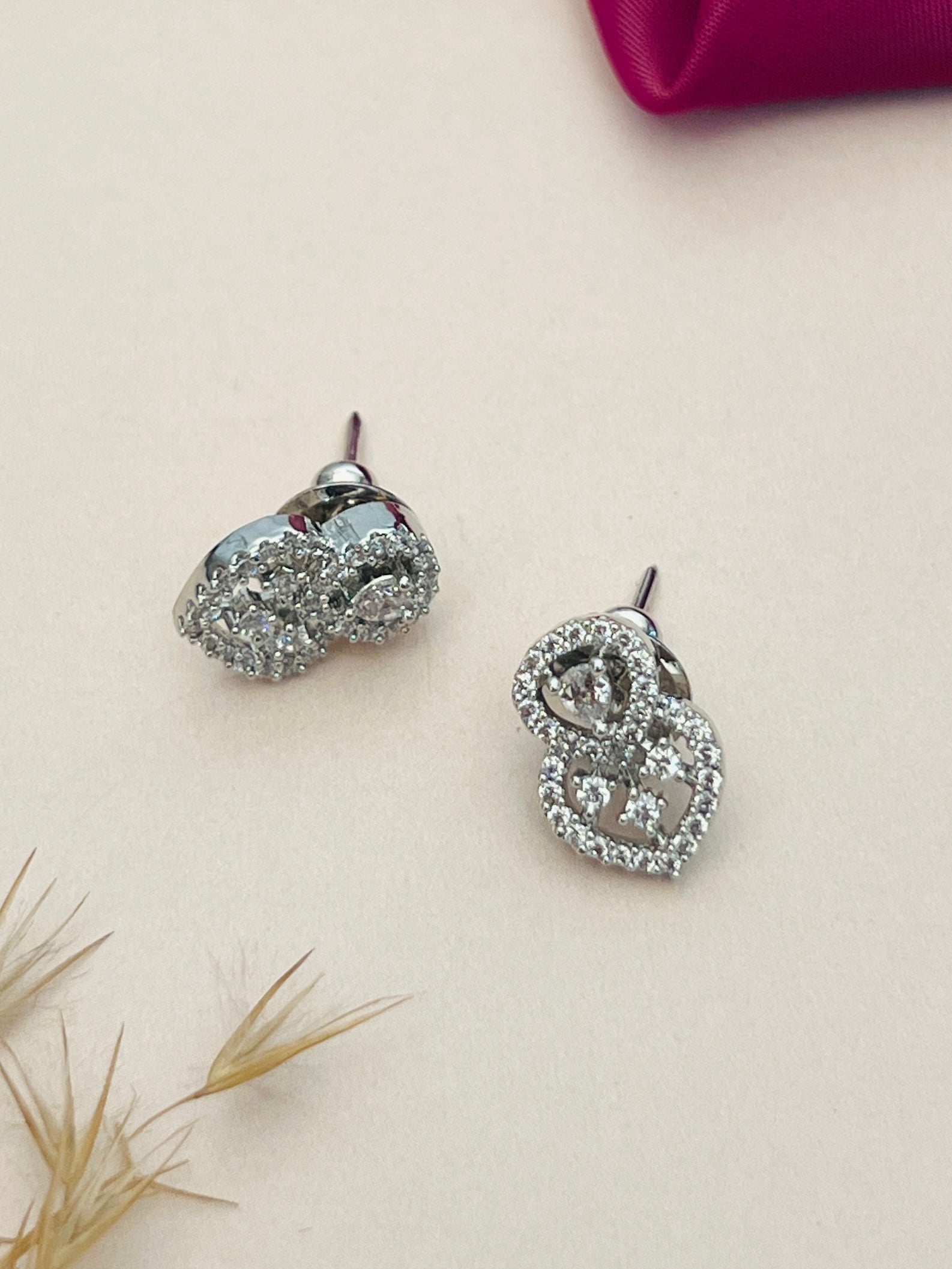 Silver Plated Mangalsutra Set featuring elegant heart-shaped stud earrings with sparkling stones