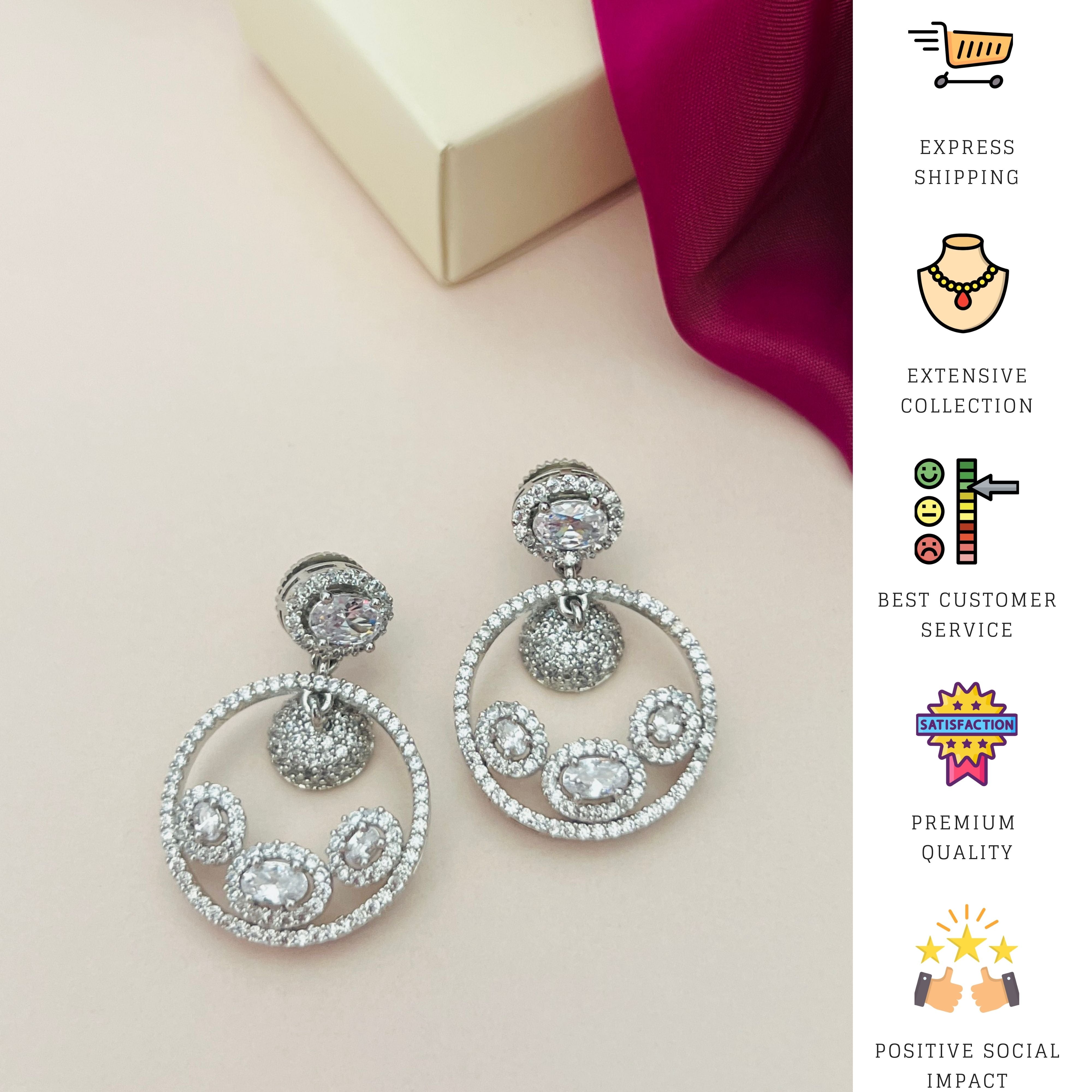 Sophisticated American Diamond Silver Plated Earrings from Abdesignsjewellery with circular design and sparkling stones
