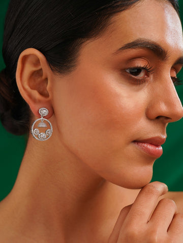 Sophisticated American Diamond Silver Plated Earrings worn by a model with a close-up side profile