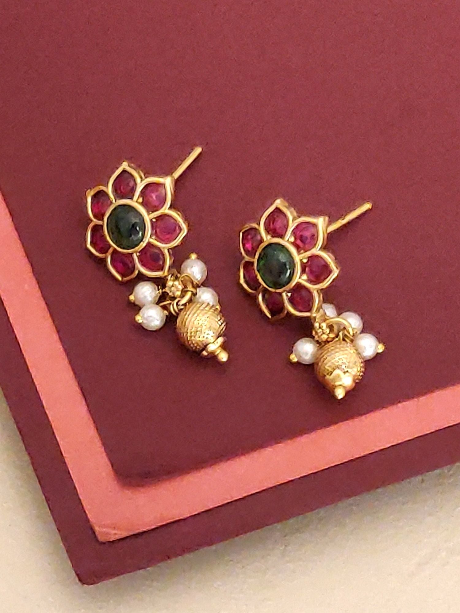 South Indian antique necklace set floral stud earrings with gold and pearl details by Abdesignsjewellery