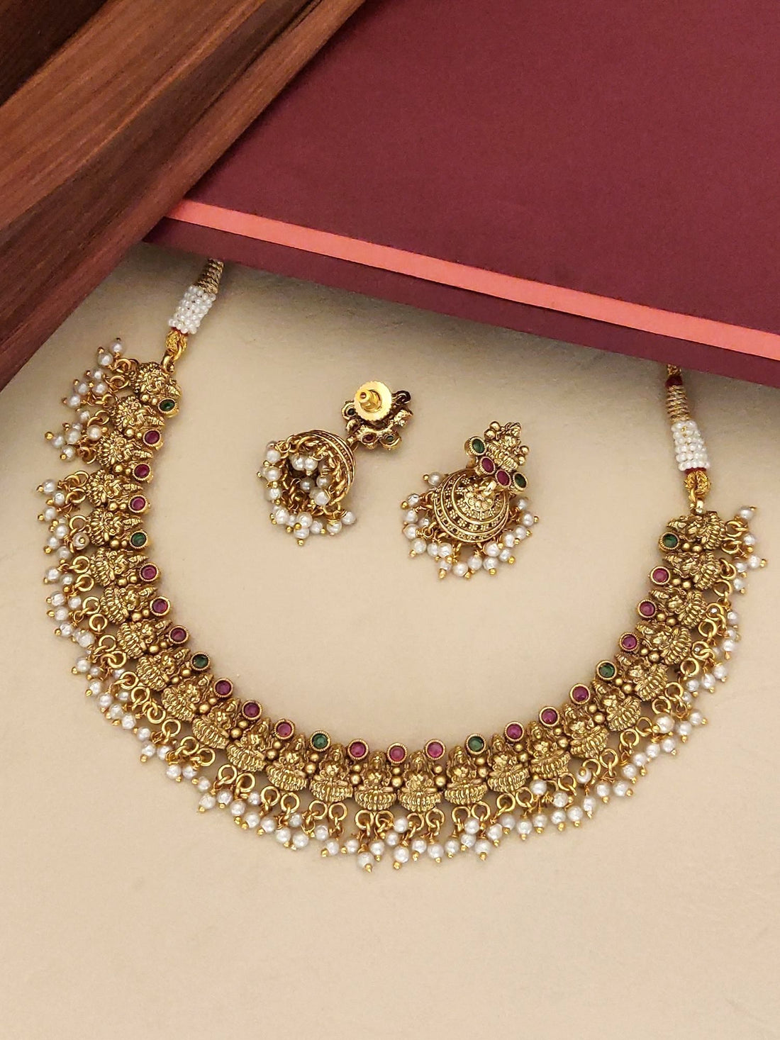 Abdesignsjewellery South Indian Goddess Laxmi Necklace Set featuring intricate gold design with pearls and colorful stones