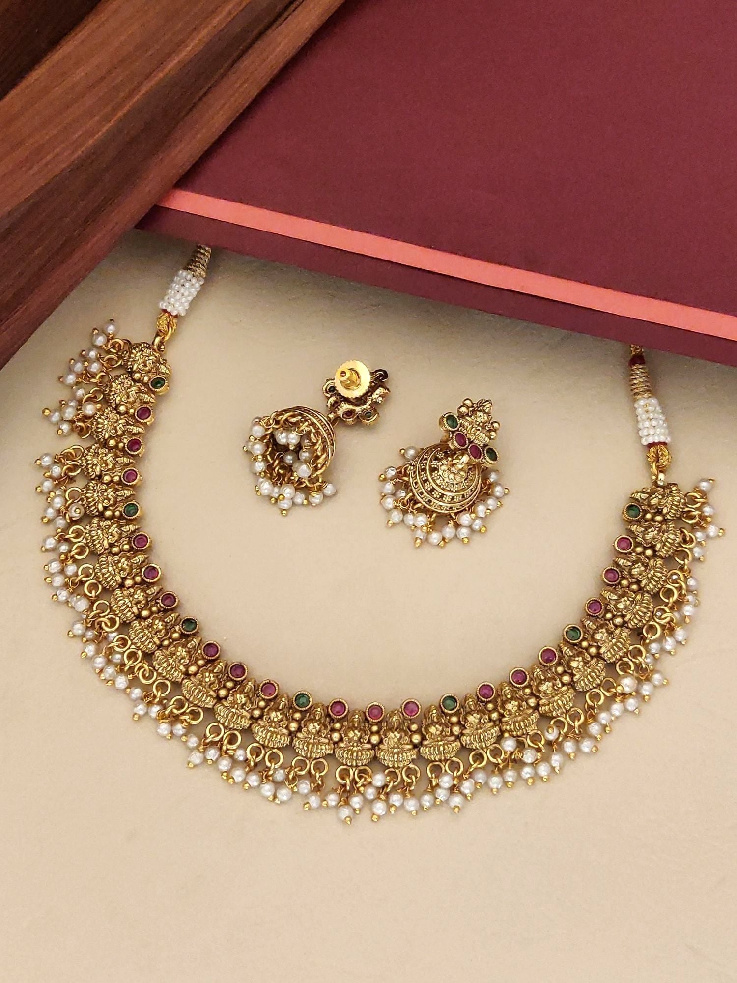 Abdesignsjewellery South Indian Goddess Laxmi Necklace Set with intricate gold design and pearl accents