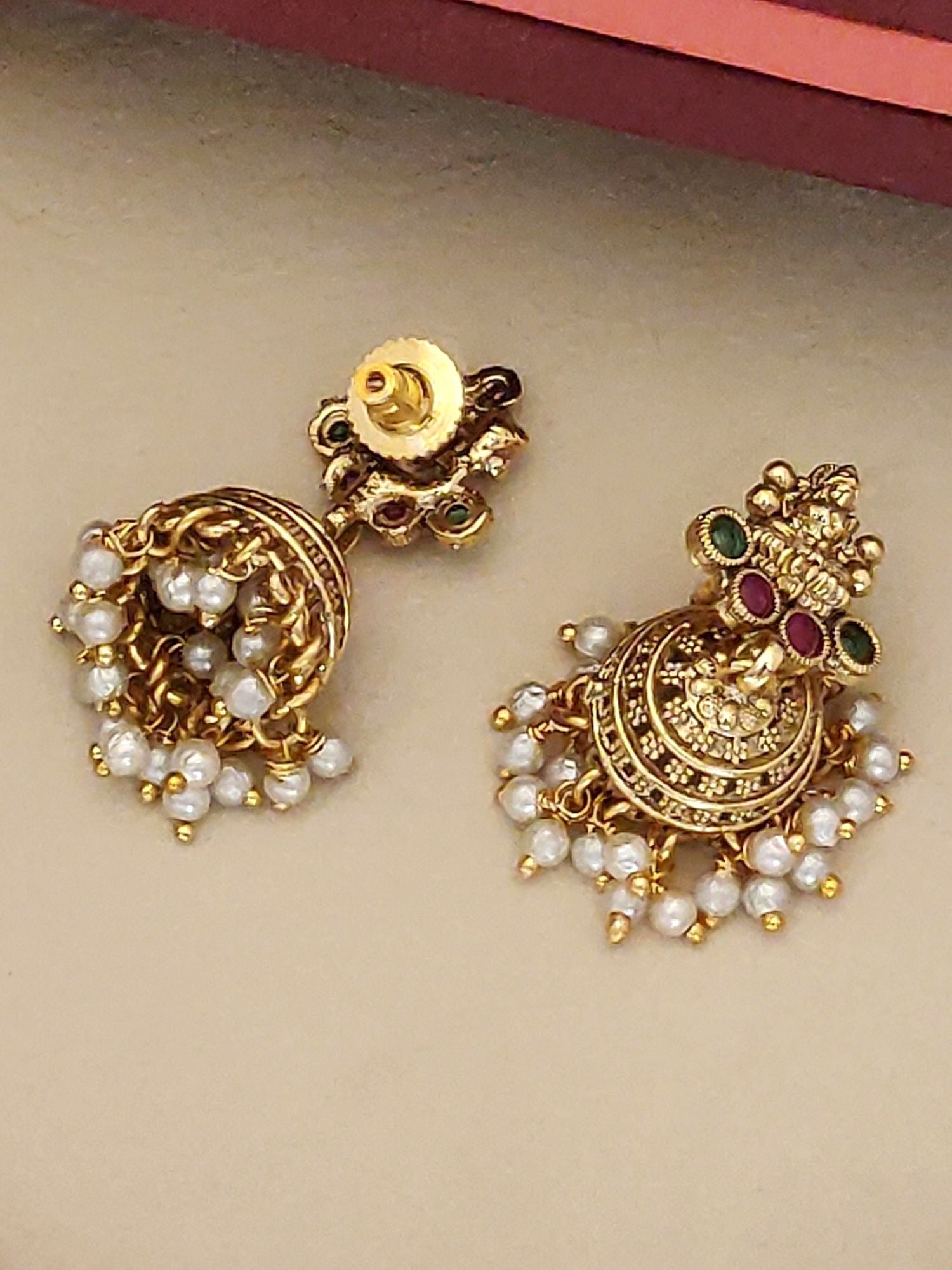 Abdesignsjewellery South Indian Goddess Laxmi Necklace Set gold earrings with pearls and colored stones