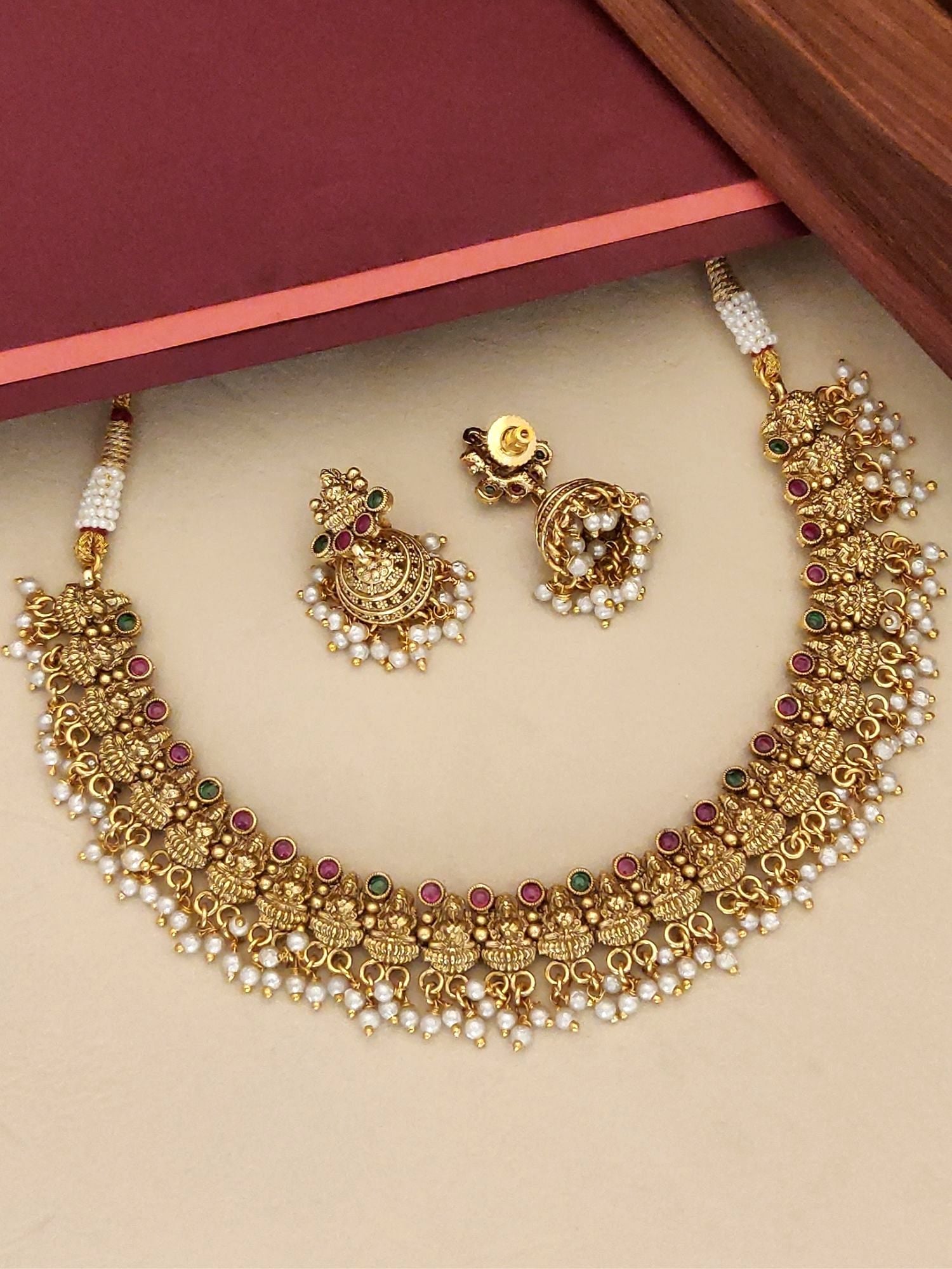 South Indian Goddess Laxmi Necklace Set by Abdesignsjewellery with intricate gold design and pearl accents