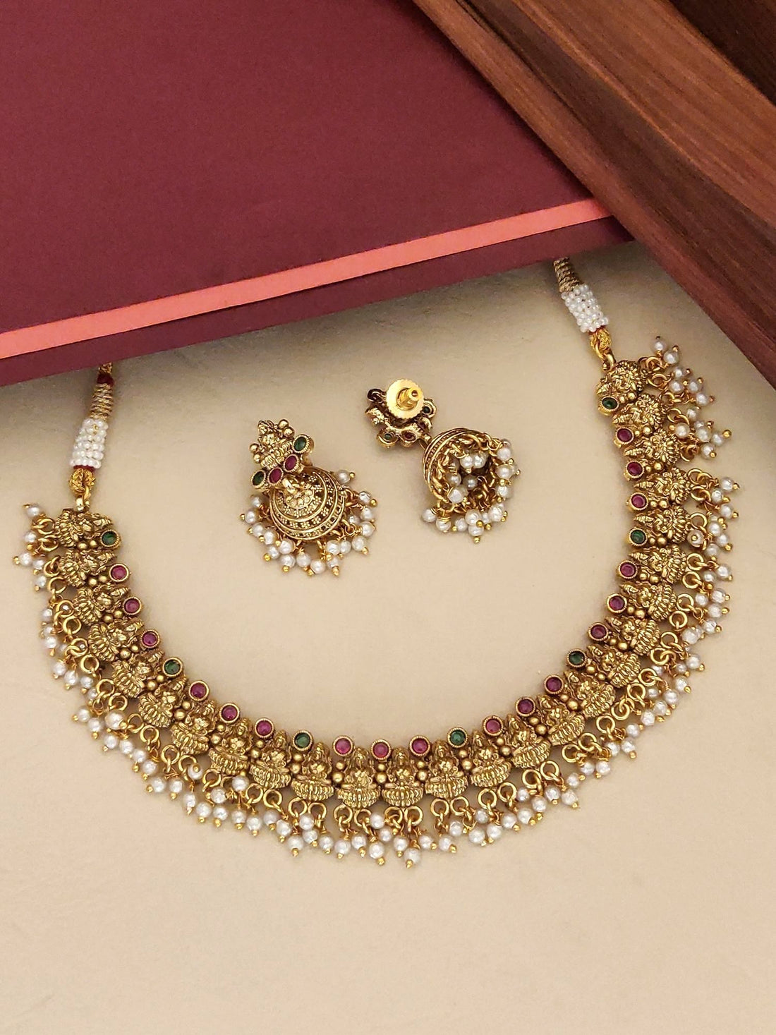 Abdesignsjewellery South Indian Goddess Laxmi Necklace Set featuring intricate gold design with pearls and colorful stones