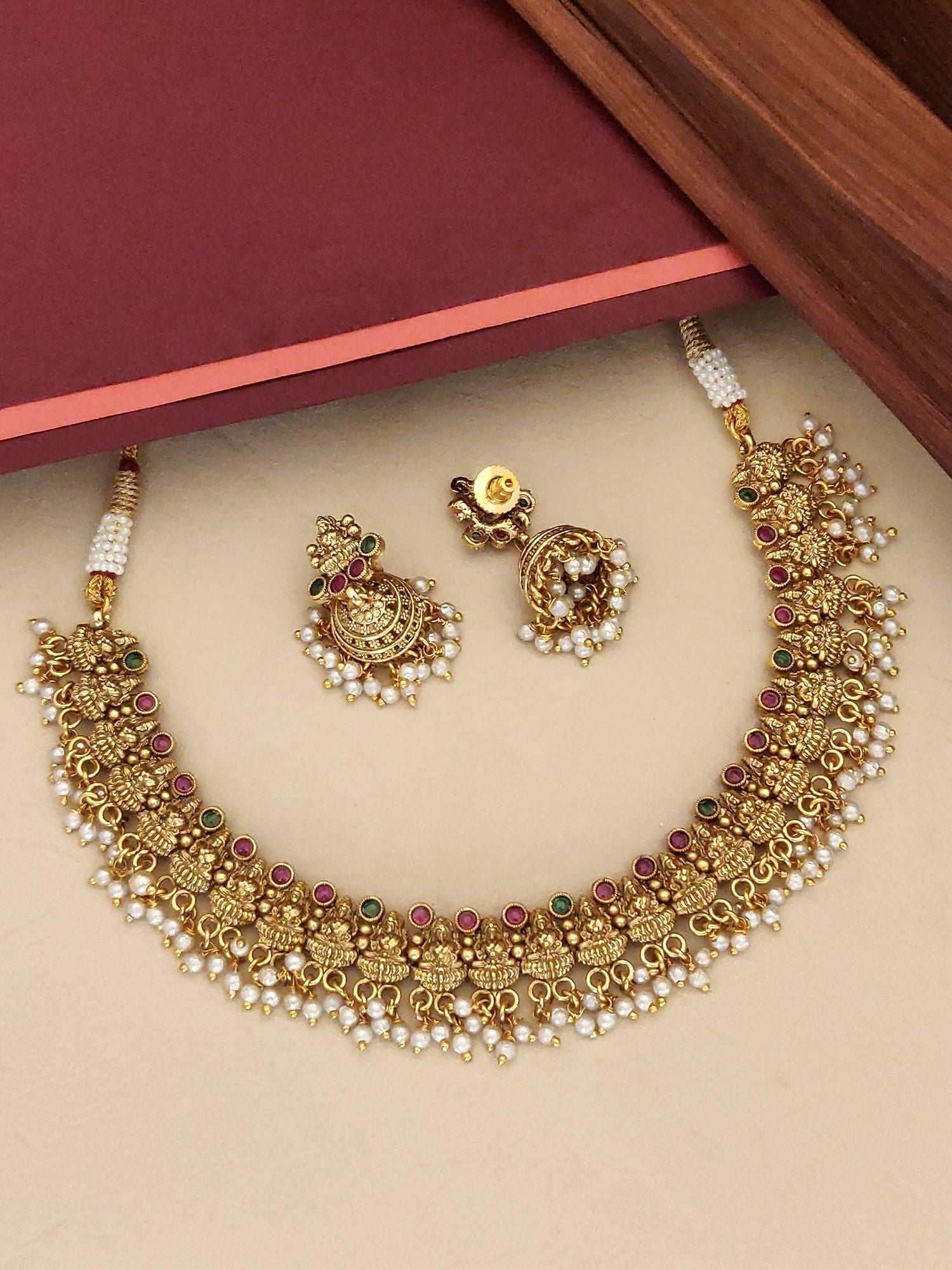 Abdesignsjewellery South Indian Goddess Laxmi Necklace Set featuring intricate gold design with pearls and colorful stones