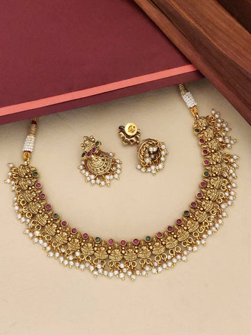 Abdesignsjewellery South Indian Goddess Laxmi Necklace Set featuring intricate gold design with pearls and colorful stones