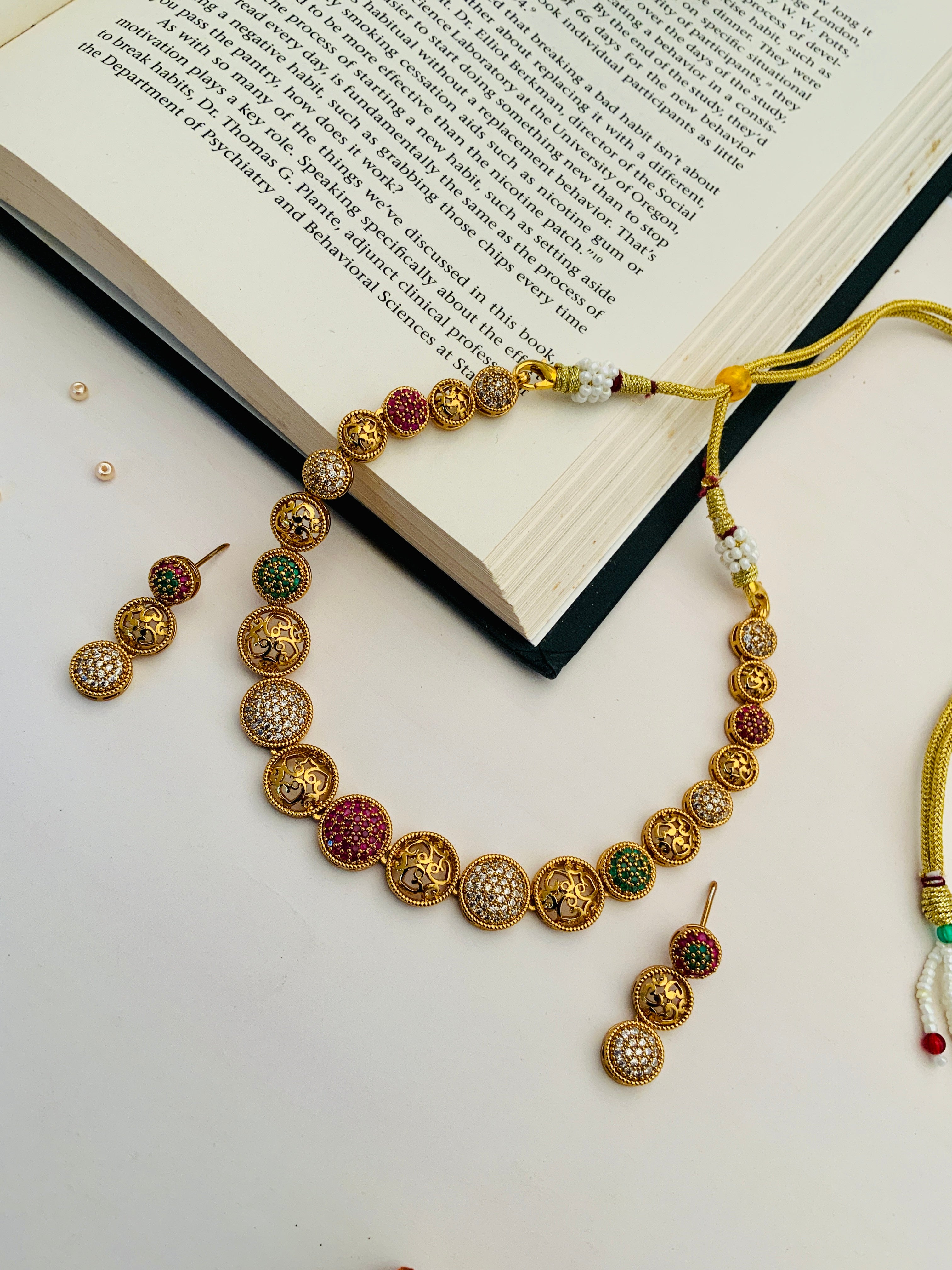 Abdesignsjewellery South Indian gold plated necklace with intricate multicolor detailing and matching earrings