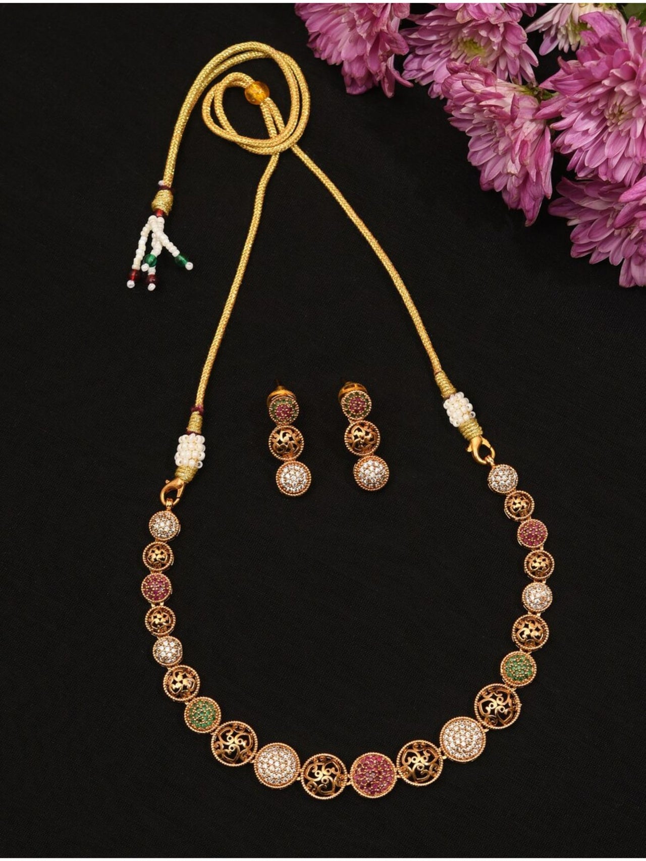 South Indian gold plated necklace with colorful stones and matching earrings by Abdesignsjewellery