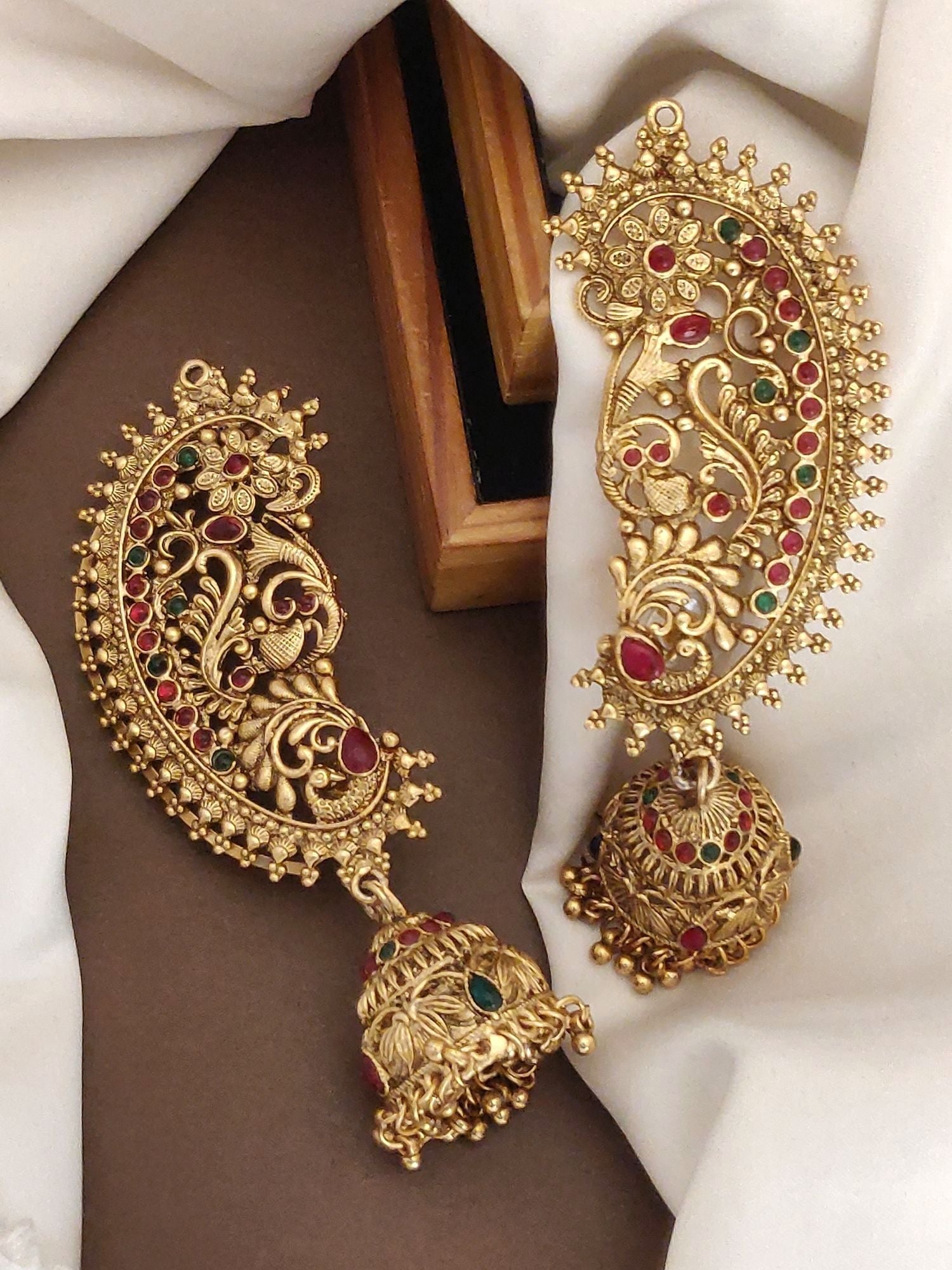 Exquisite South Indian style gold plated ear cuffs with intricate designs and colorful stone accents
