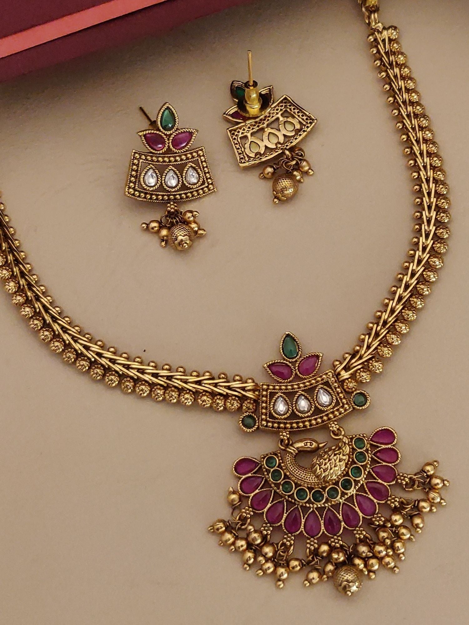 Abdesignsjewellery South Indian Style Kemp Stone Necklace Set with intricate gold design and colorful stones