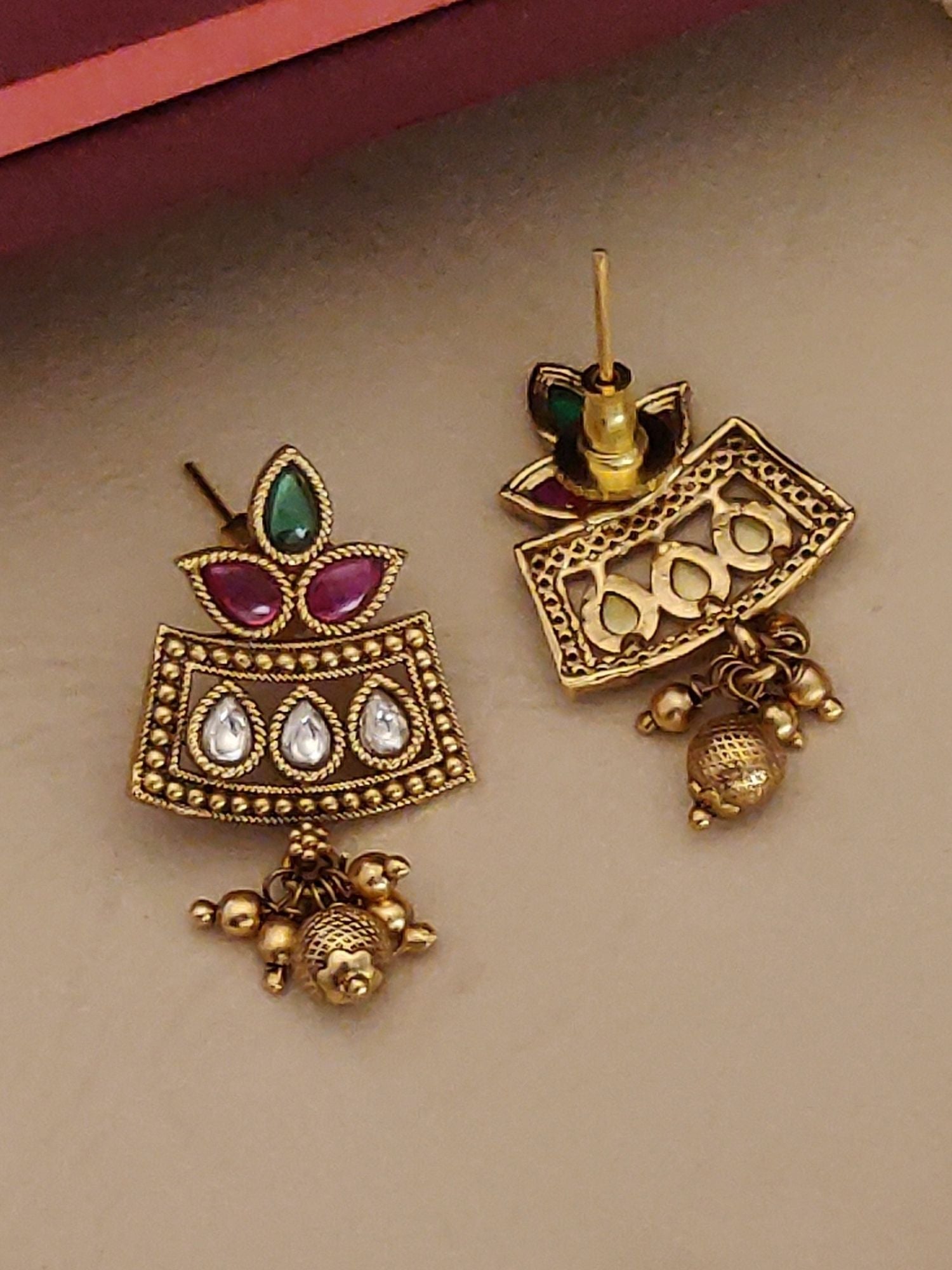 Abdesignsjewellery South Indian Style Kemp Stone Necklace Set featuring traditional gold-toned detailed earrings with colored stones