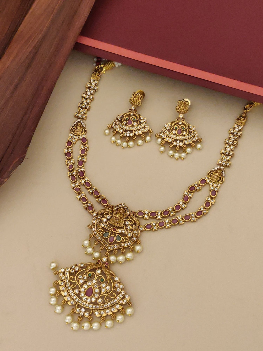 Abdesignsjewellery South Indian temple jewellery set gold necklace with red stones pearls and jhumka earrings