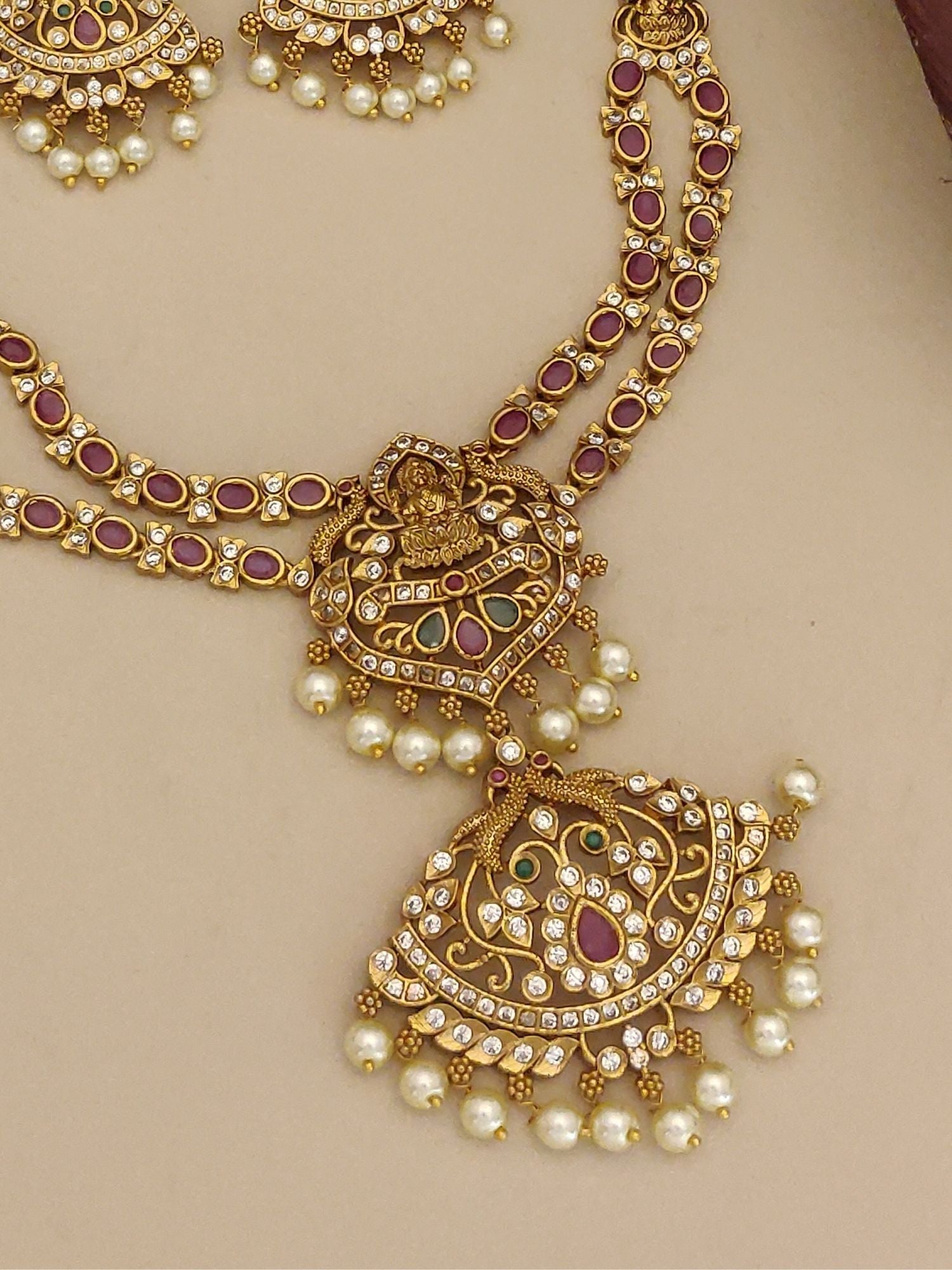 Abdesignsjewellery gold necklace with pendant and pearl drops South Indian temple jewellery set with red stones