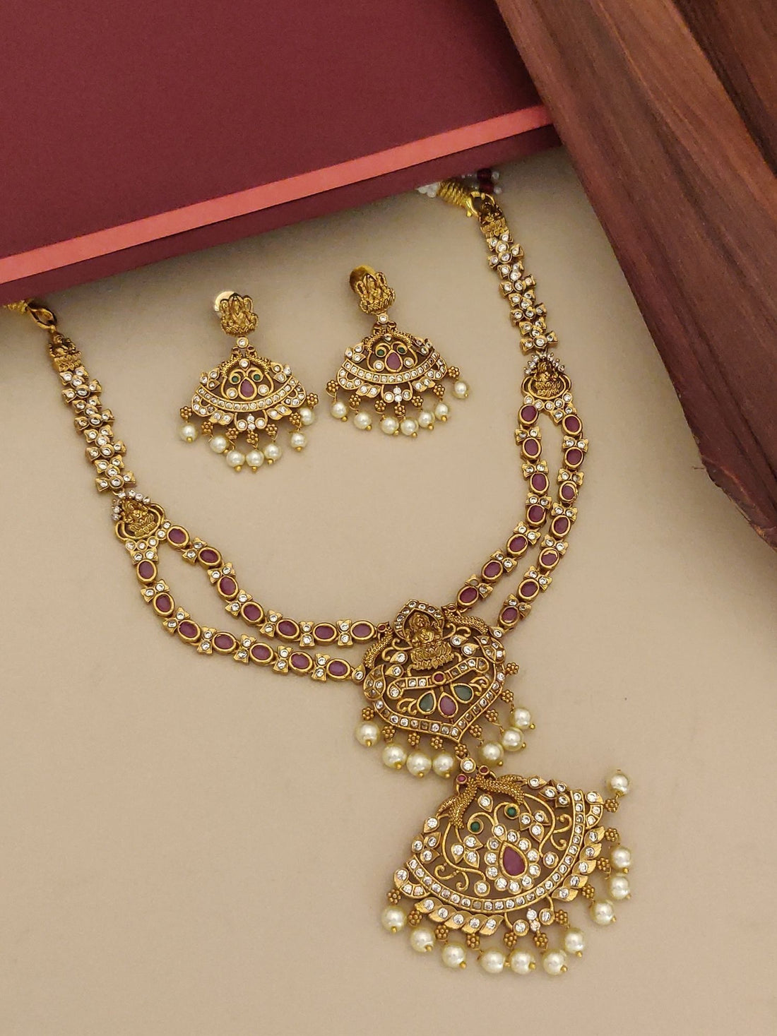 Abdesignsjewellery South Indian temple jewellery set gold necklace with red stones pearls and jhumka earrings