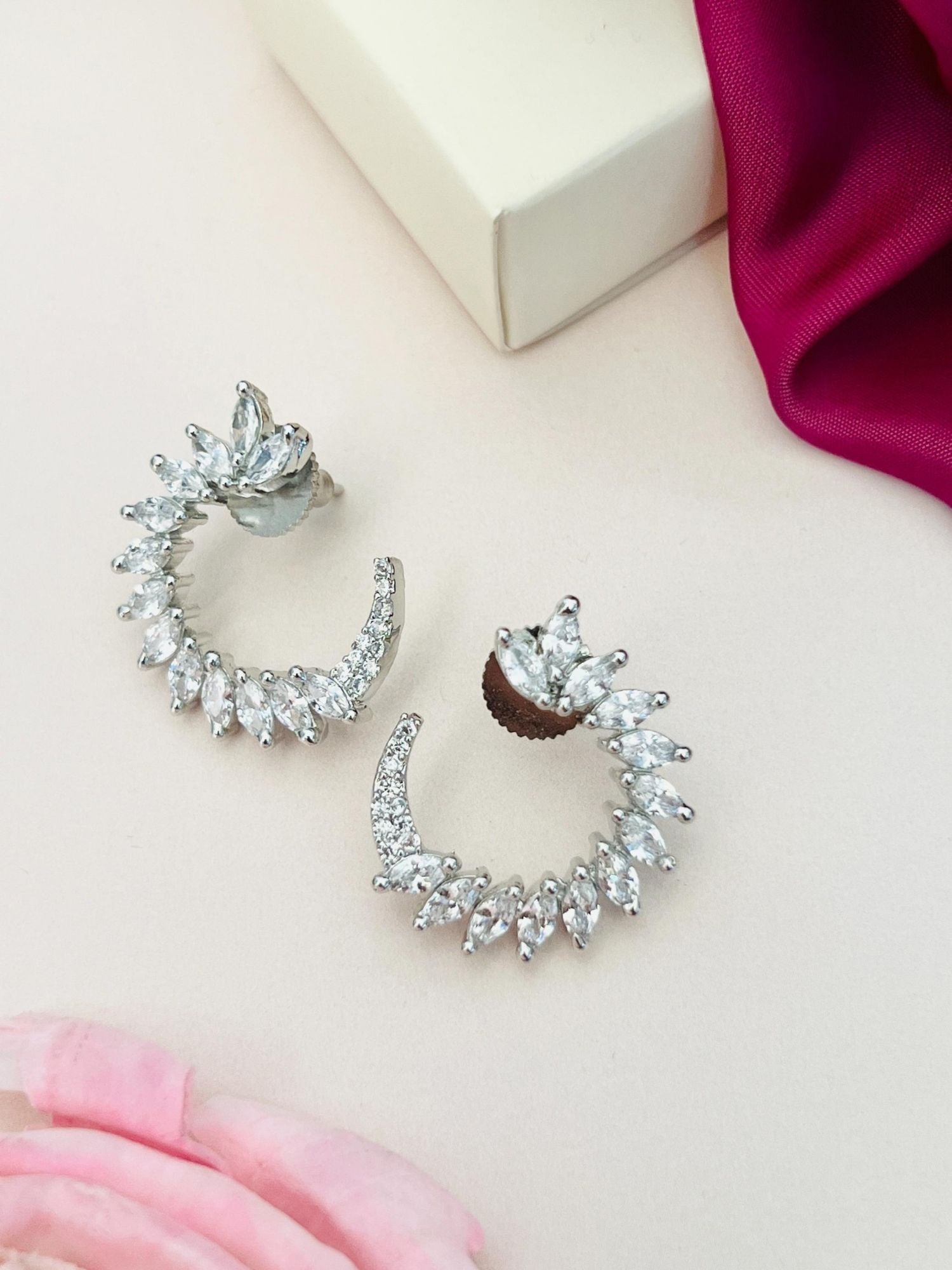 Sparkling Silver Plated American Diamond Stud Earring set with marquise and round stones by Abdesignsjewellery